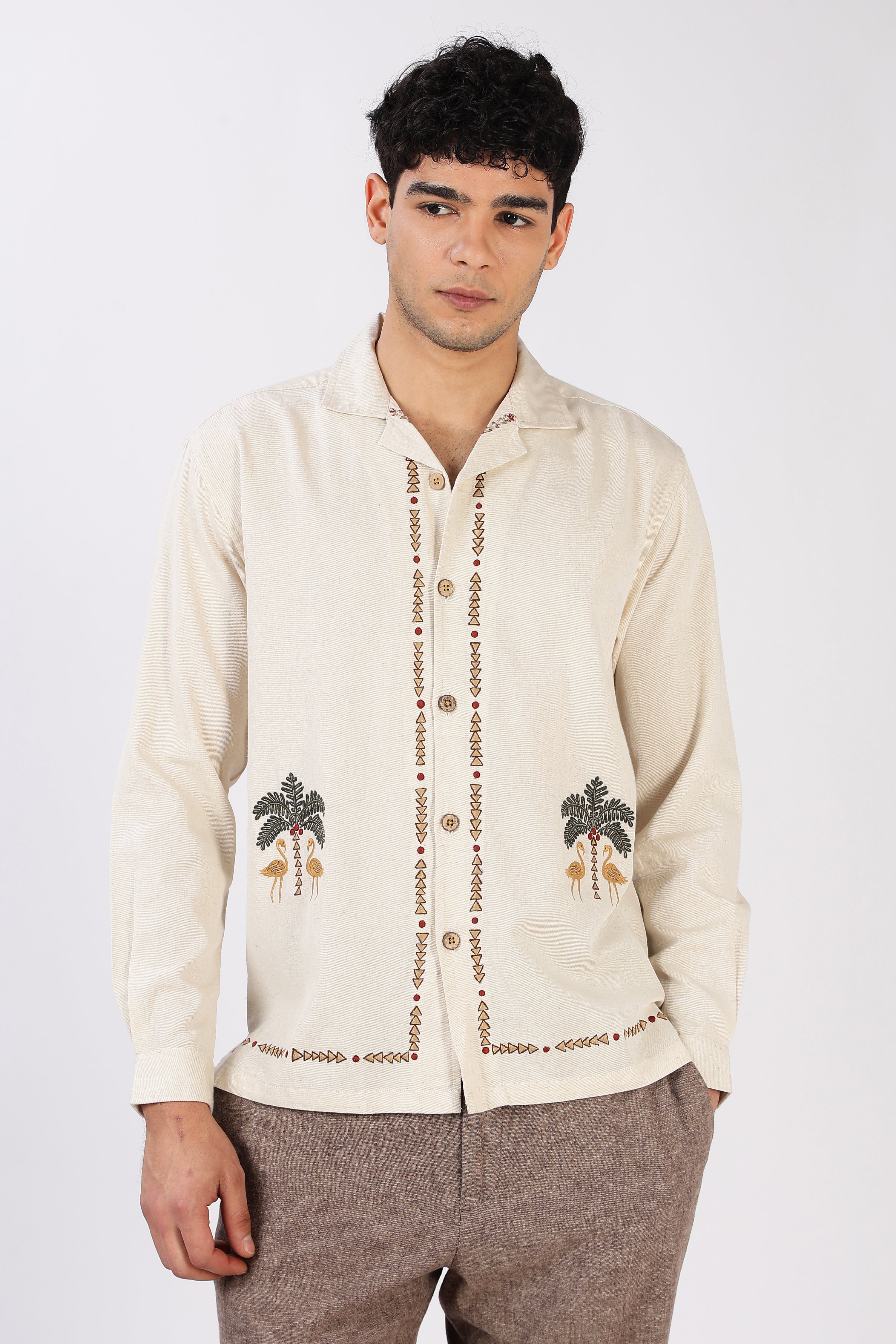 Palm Mirage Cotton Box Fit Beige Embroidered Shirt