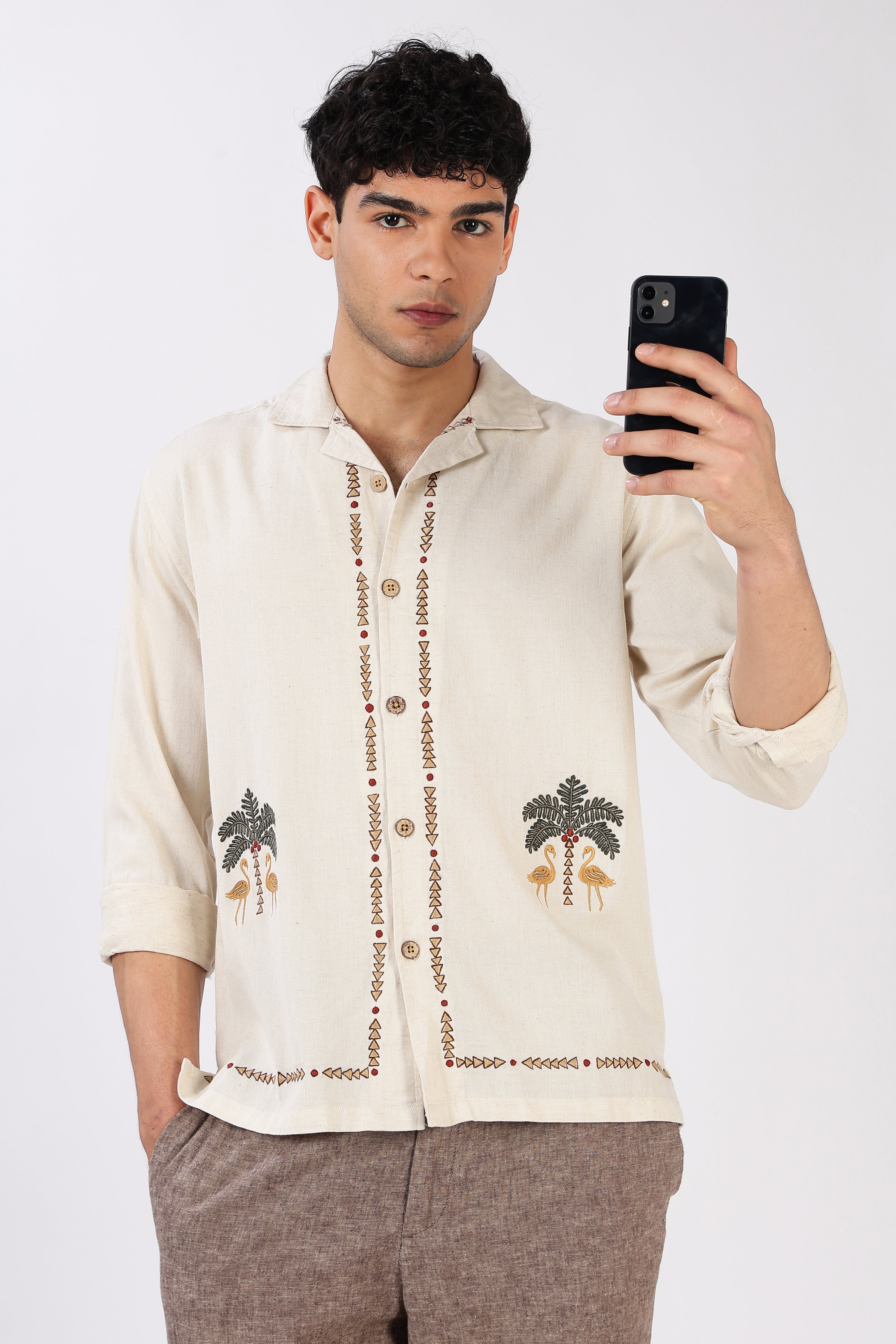 Palm Mirage Cotton Box Fit Beige Embroidered Shirt