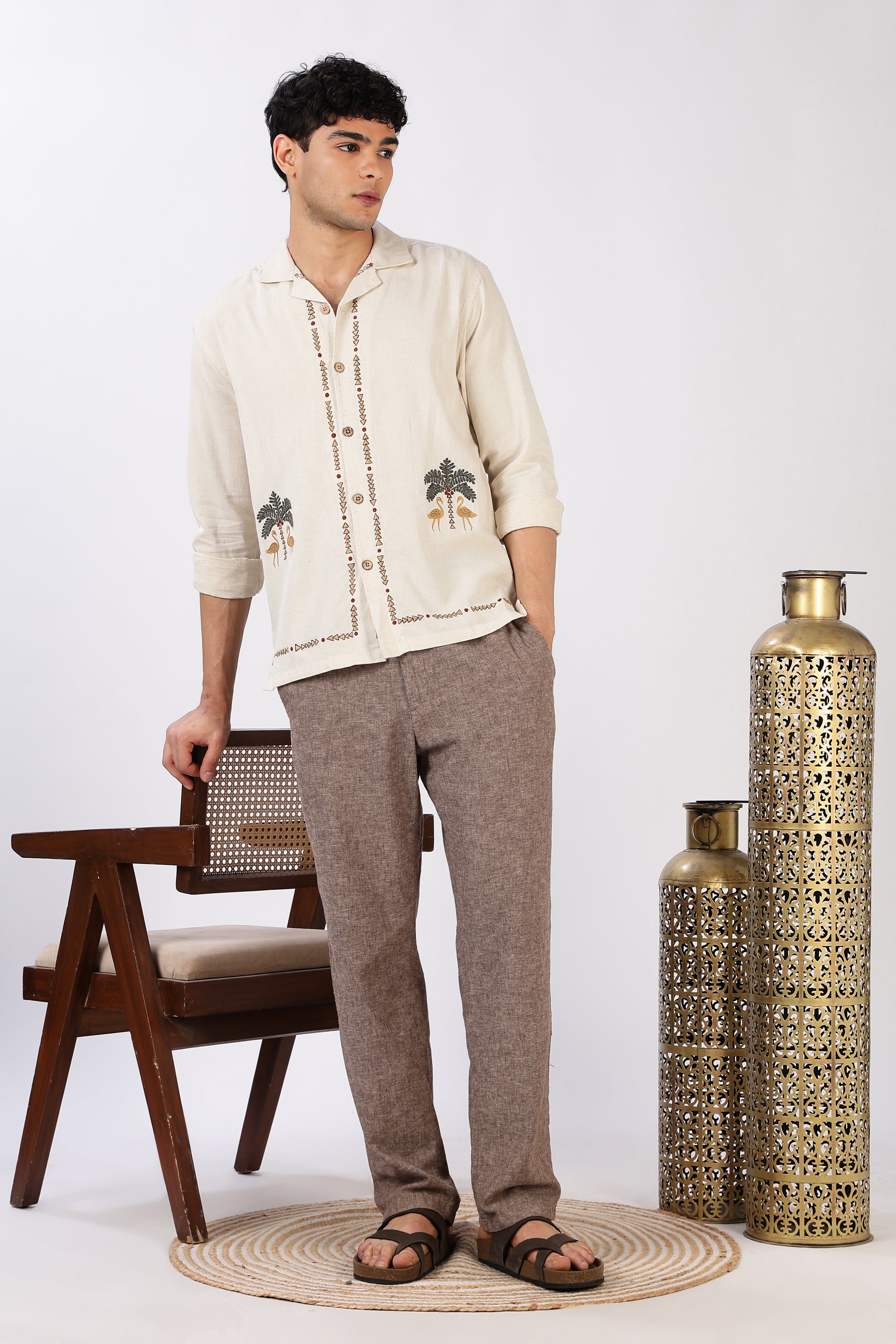 Palm Mirage Cotton Box Fit Beige Embroidered Shirt
