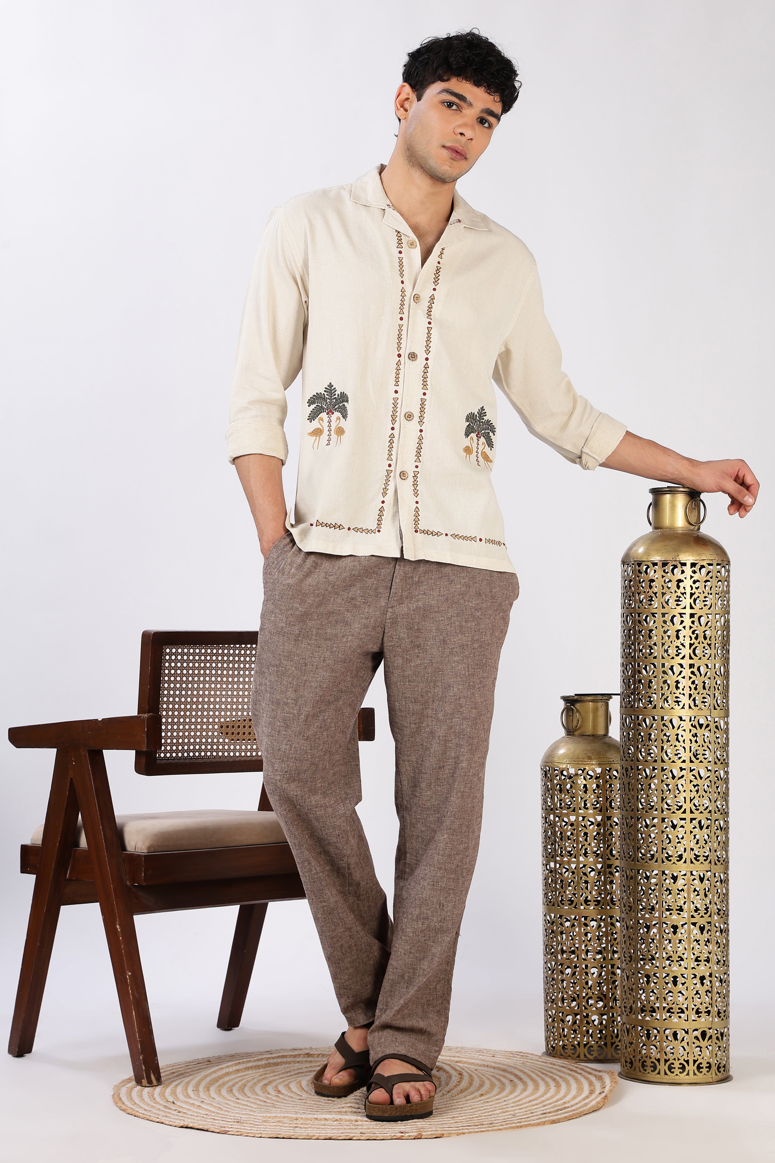 Palm Mirage Cotton Box Fit Beige Embroidered Shirt