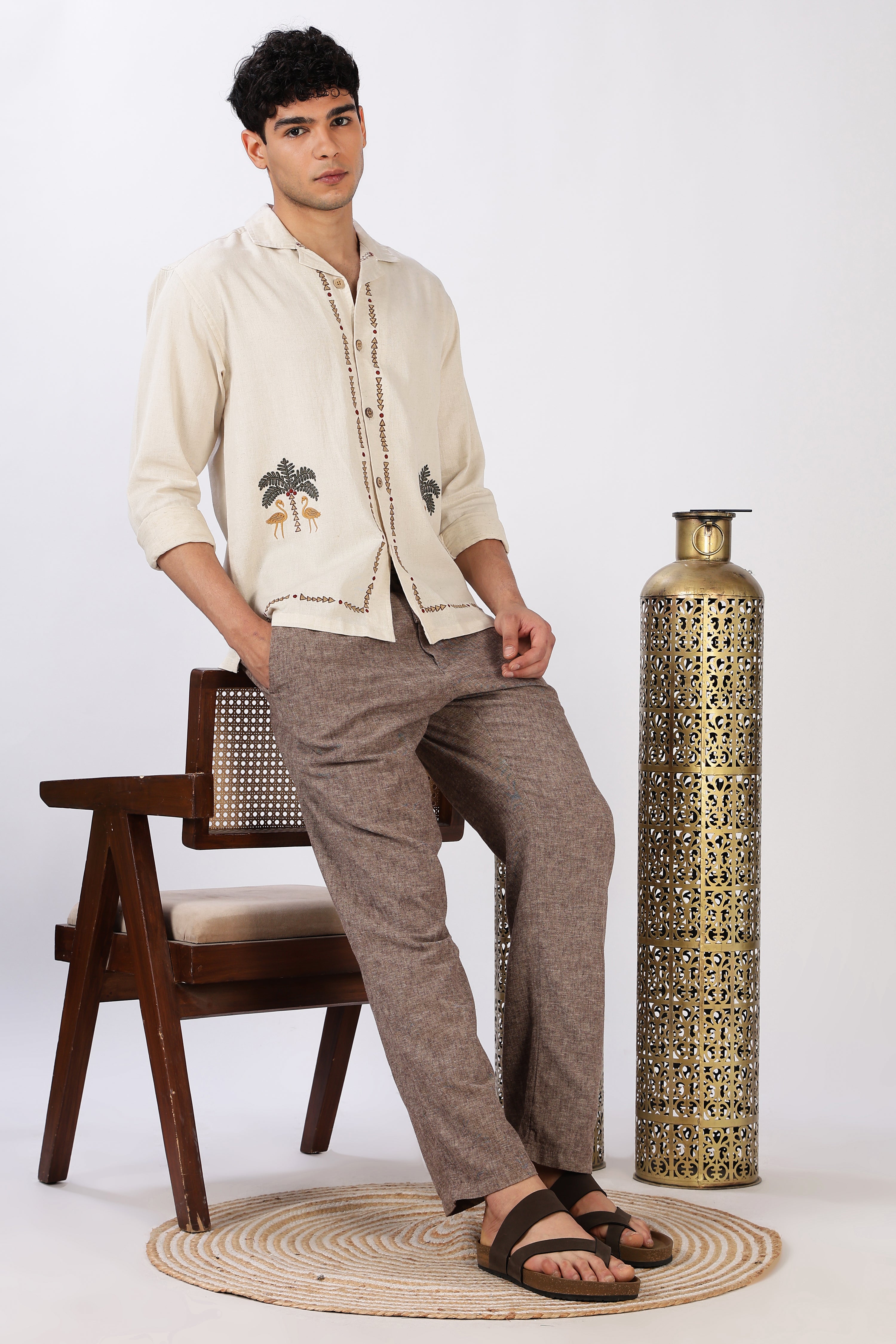 Palm Mirage Cotton Box Fit Beige Embroidered Shirt