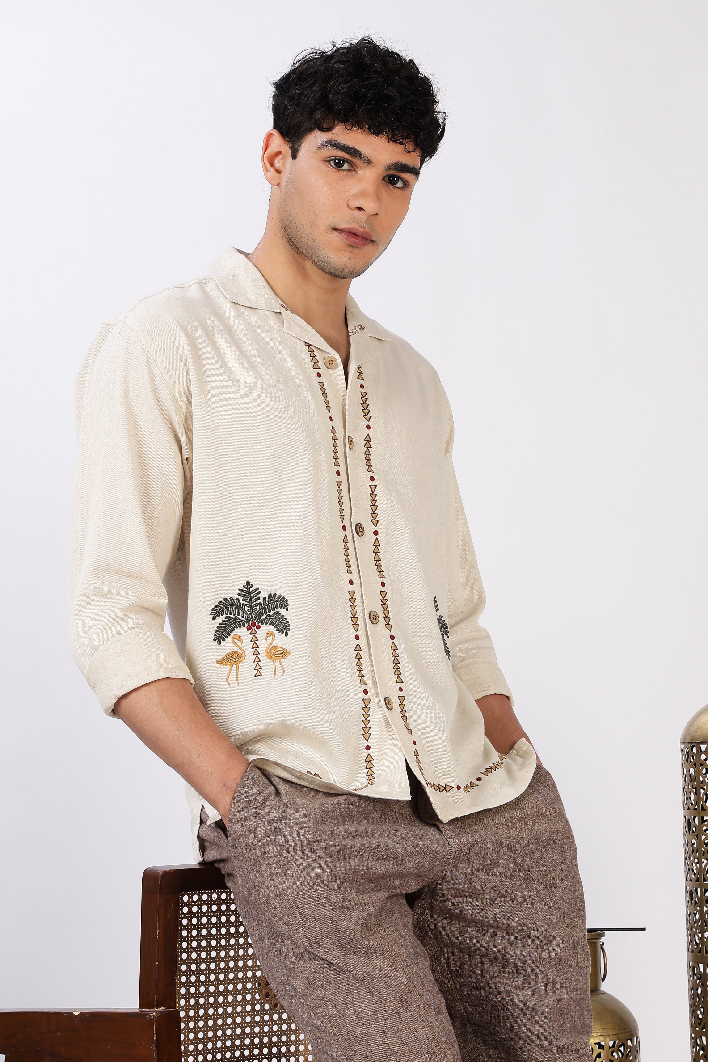 Palm Mirage Cotton Box Fit Beige Embroidered Shirt