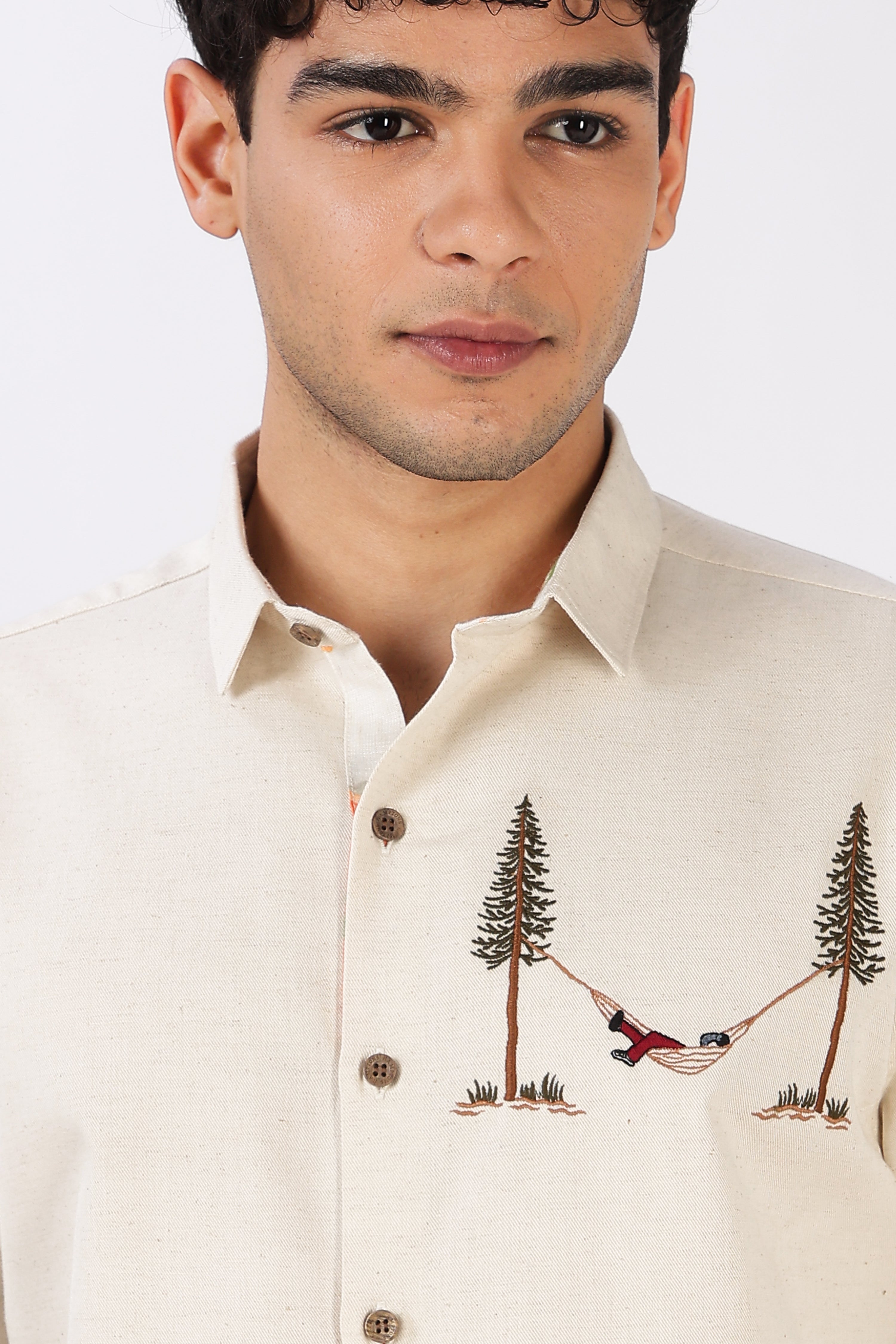 Hammock Escape Cotton Regular Fit Beige Embroidered Shirt