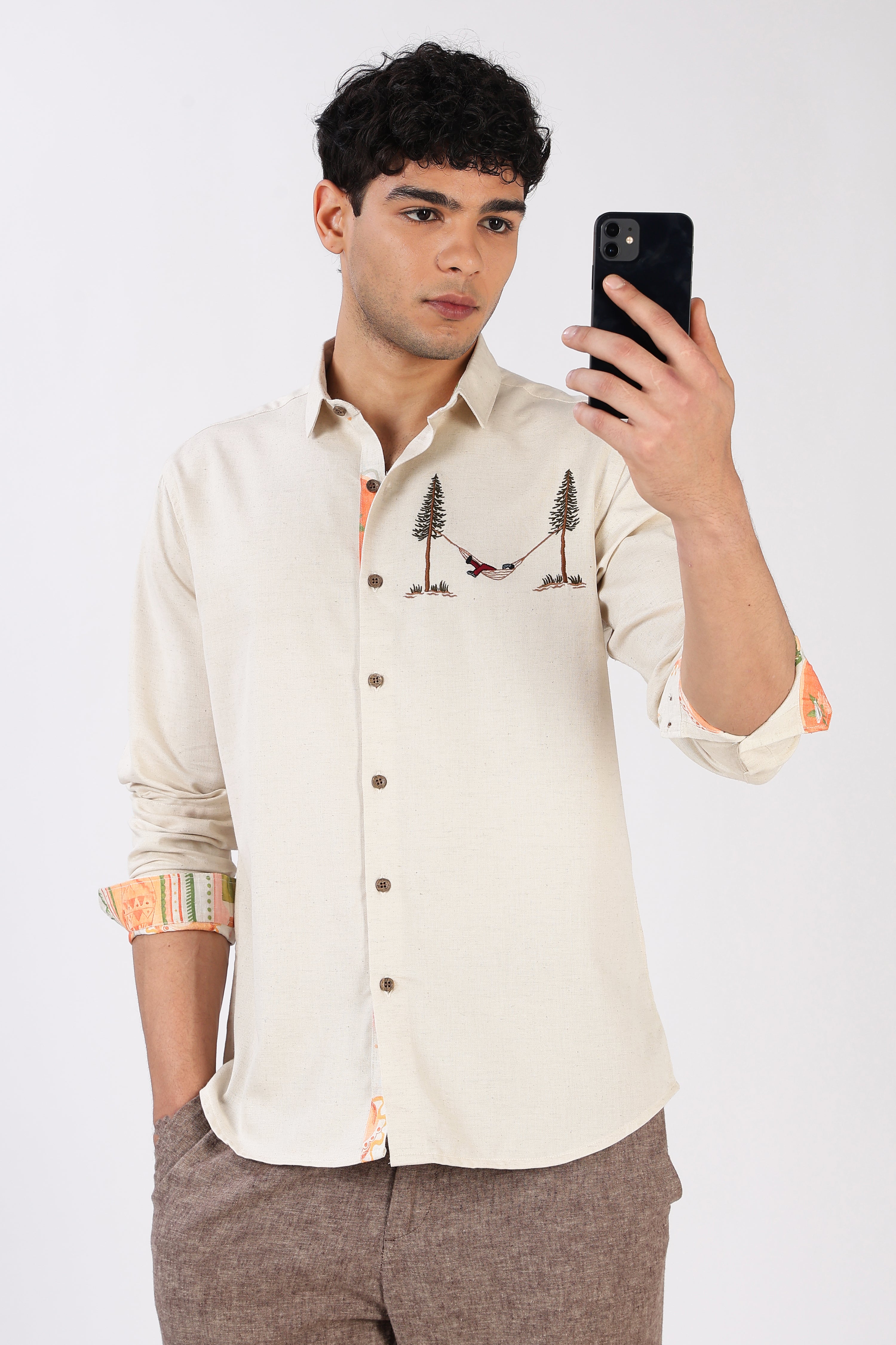 Hammock Escape Cotton Regular Fit Beige Embroidered Shirt