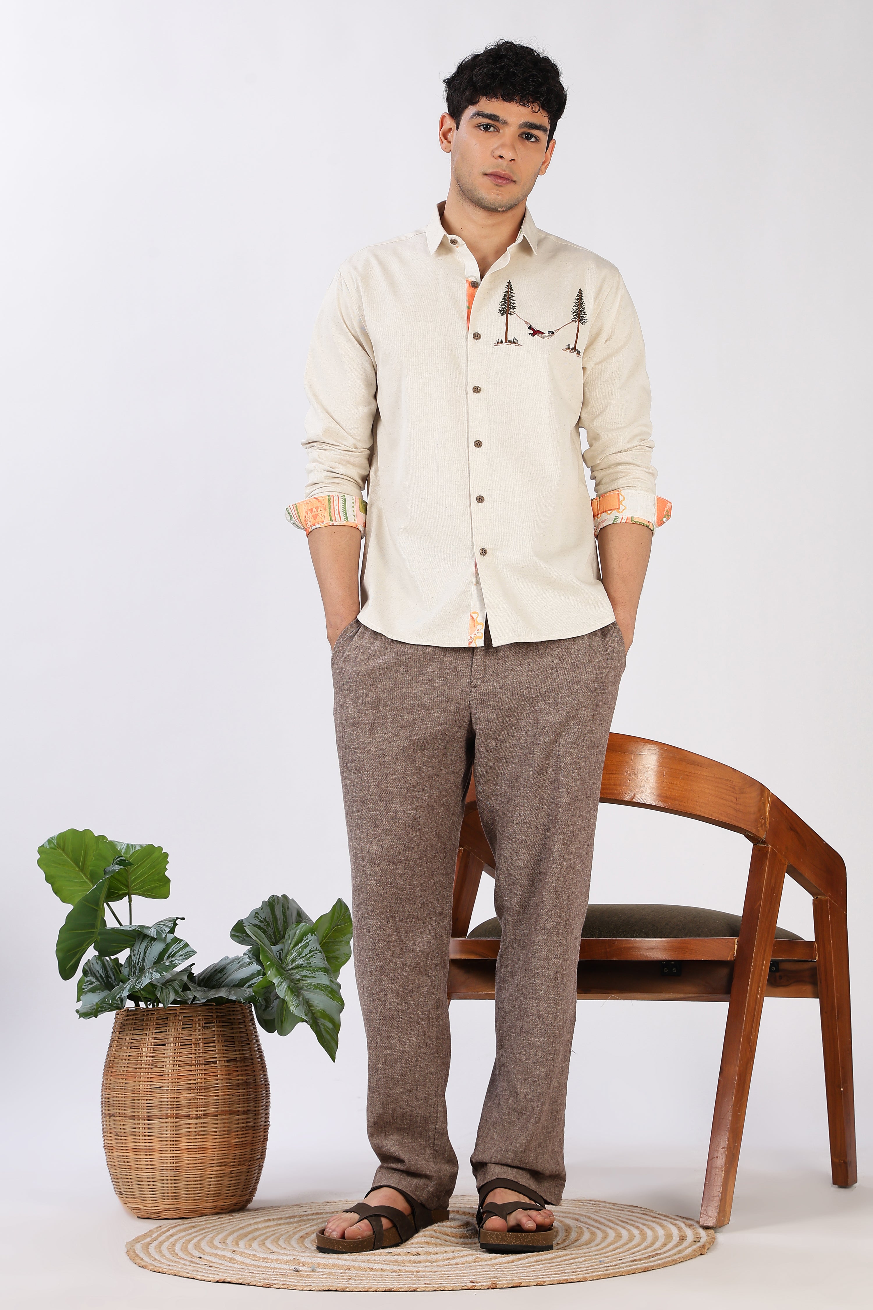 Hammock Escape Cotton Regular Fit Beige Embroidered Shirt