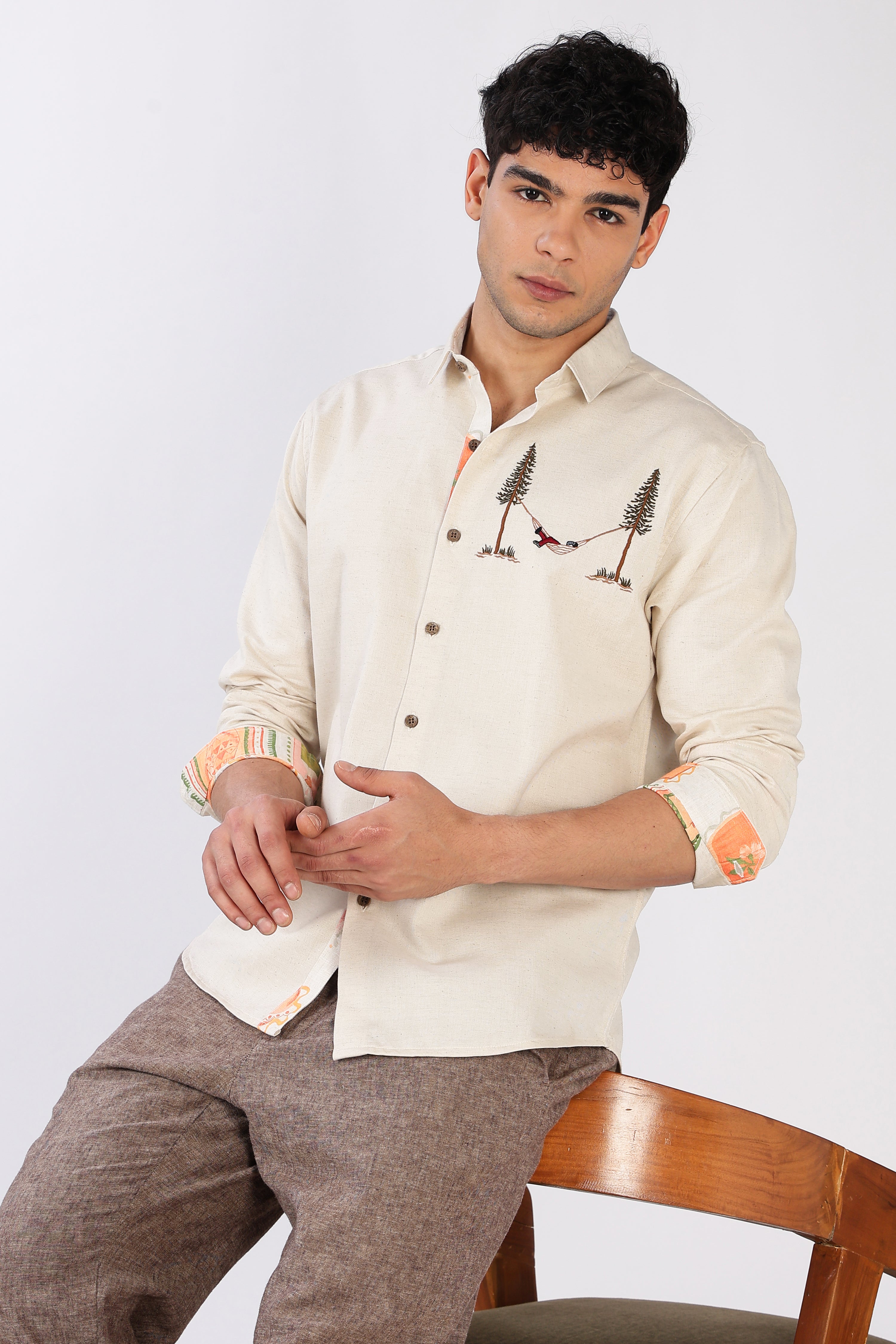 Hammock Escape Cotton Regular Fit Beige Embroidered Shirt