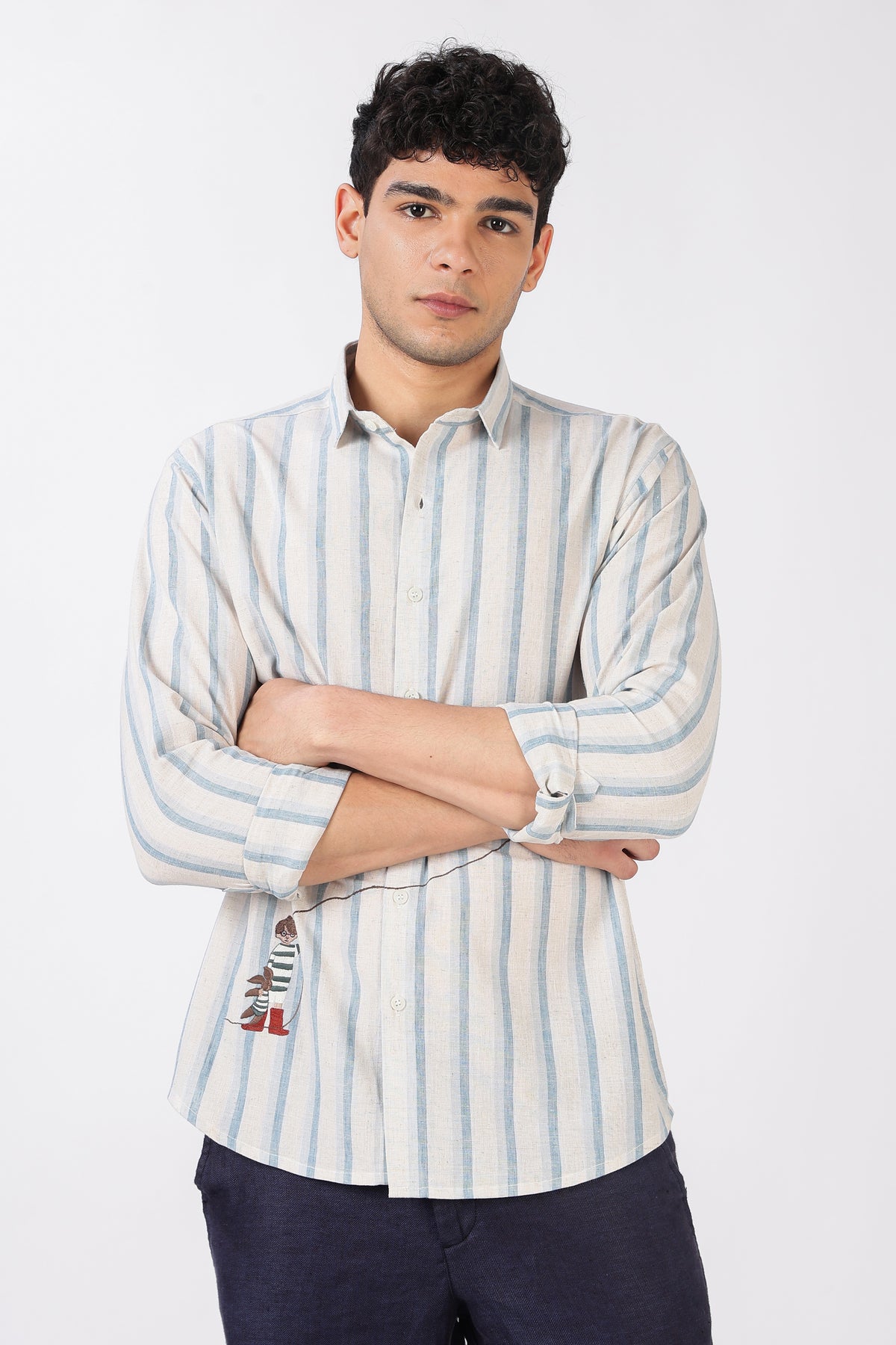 Boy with Dreams Designer Cotton Regular Fit Striped Embroidered Shirt