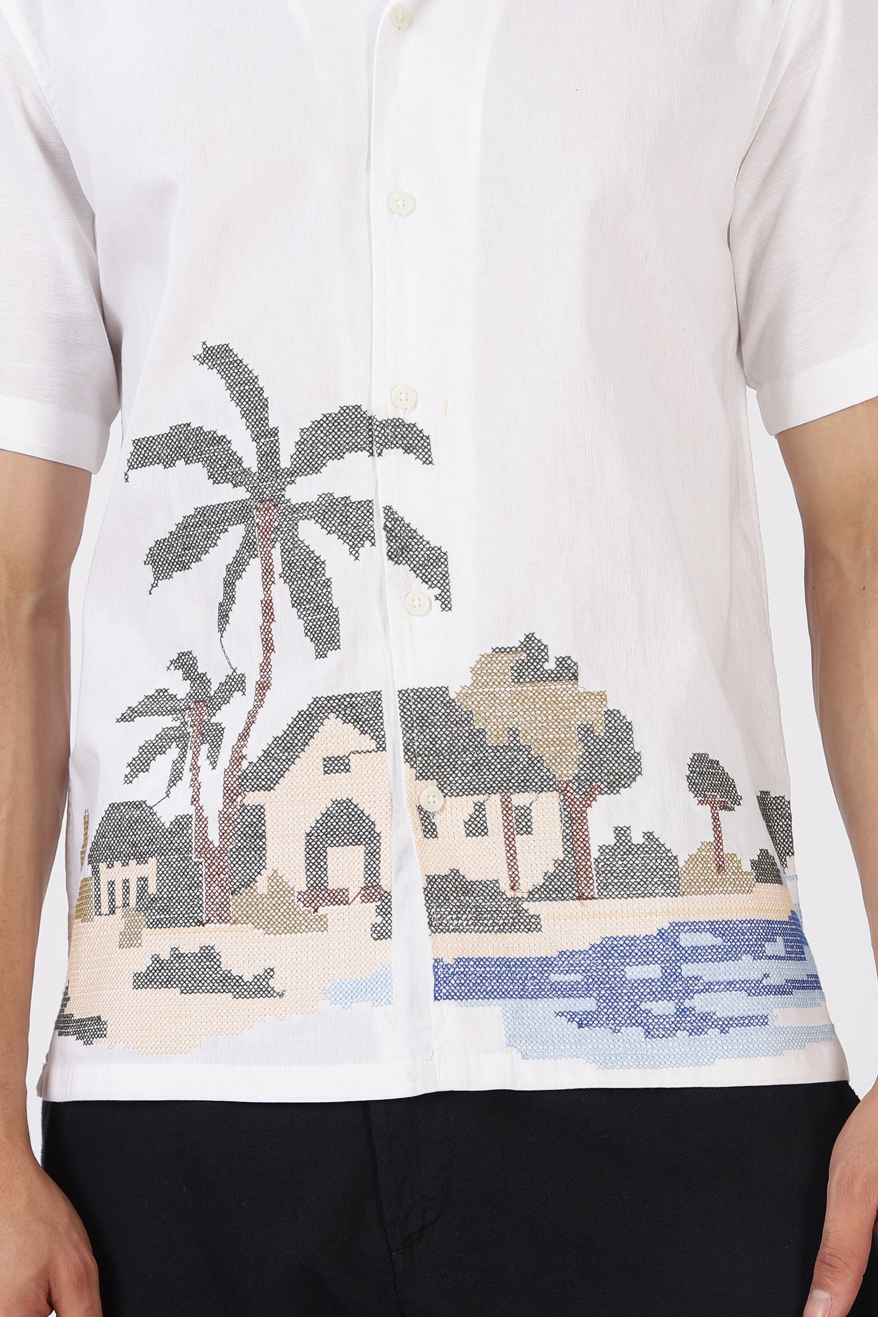 Coastal Haven Cotton Box Fit White Embroidered  Shirt