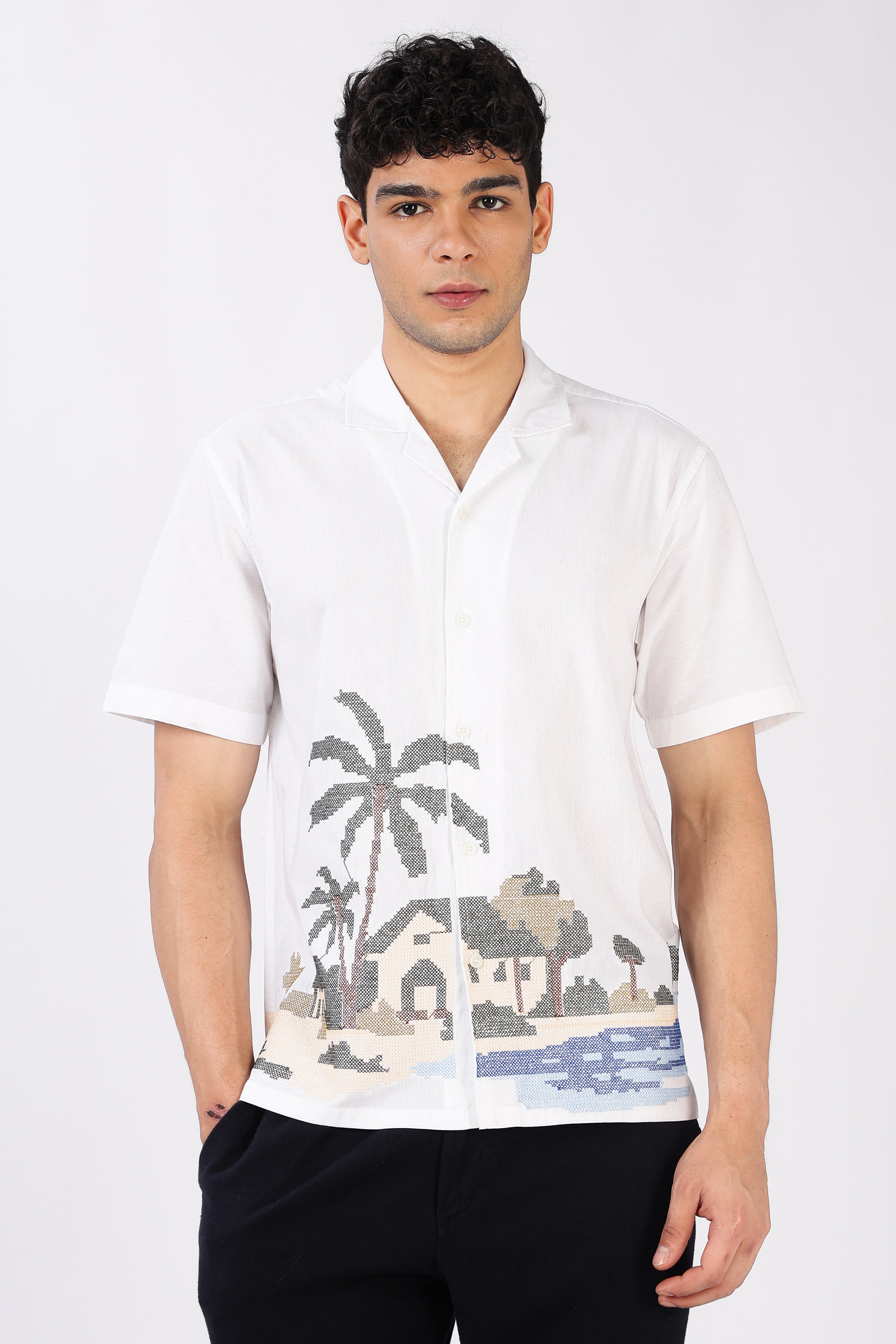 Coastal Haven Cotton Box Fit White Embroidered  Shirt