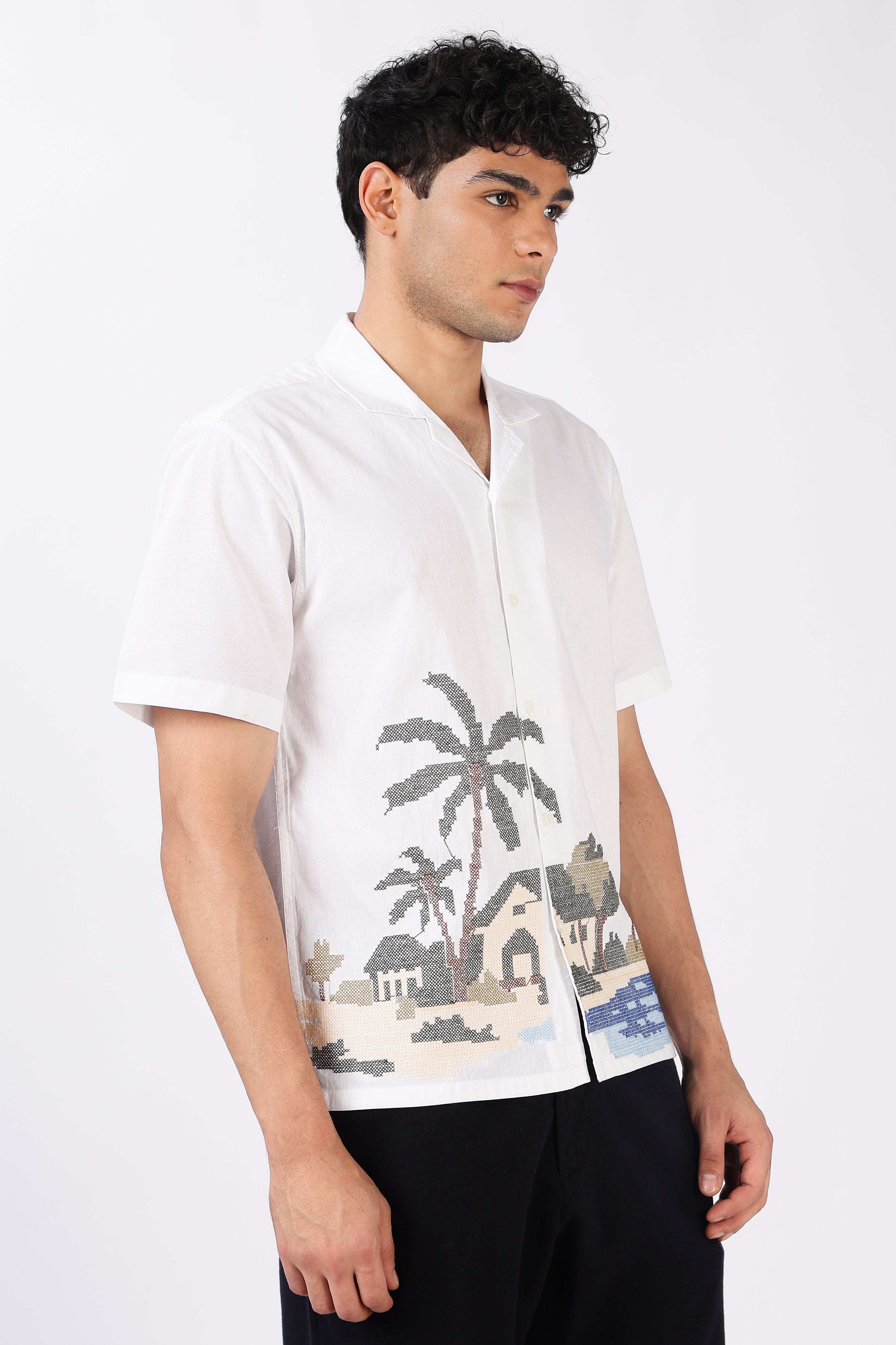 Coastal Haven Cotton Box Fit White Embroidered  Shirt