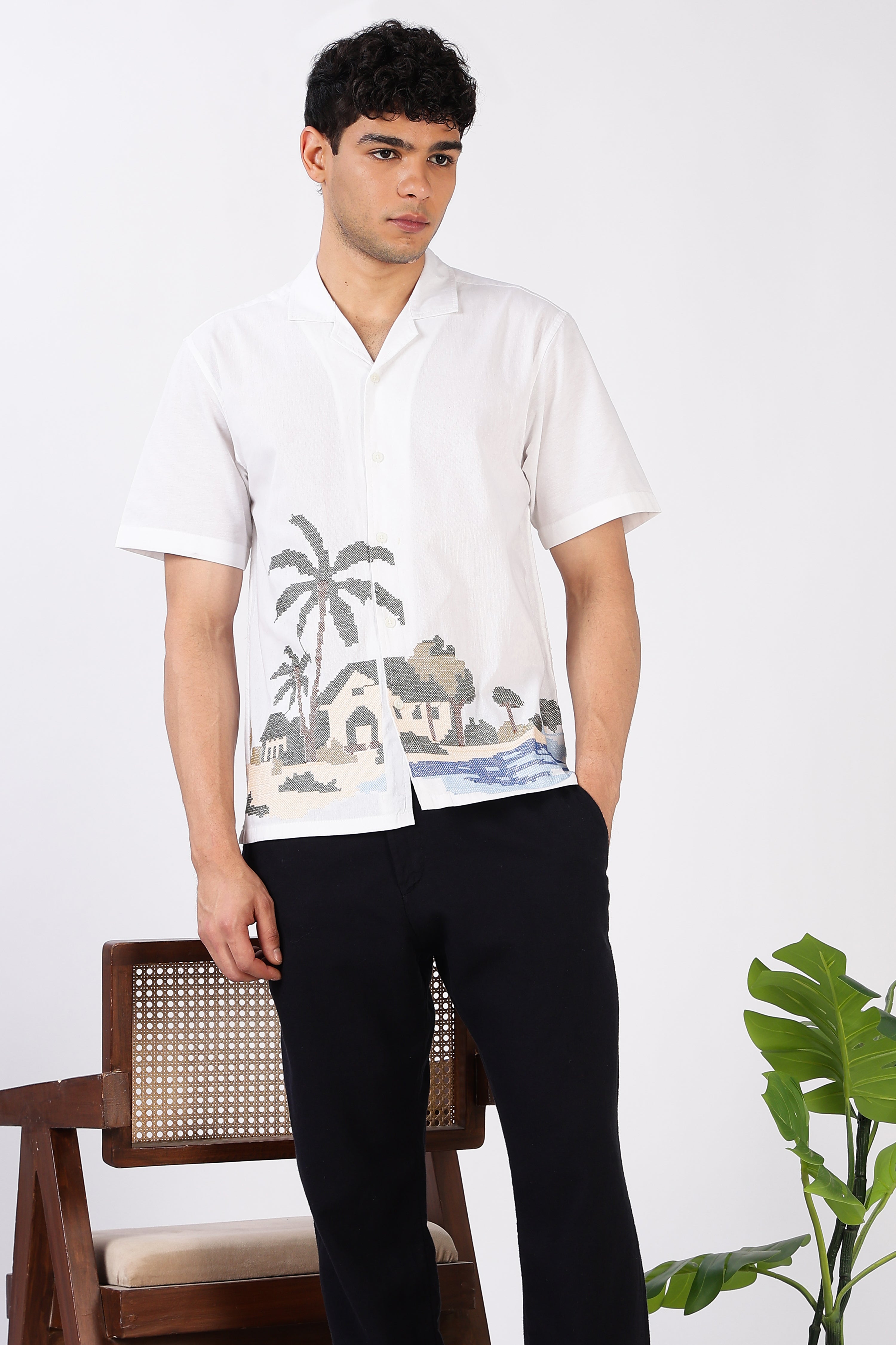 Coastal Haven Cotton Box Fit White Embroidered  Shirt