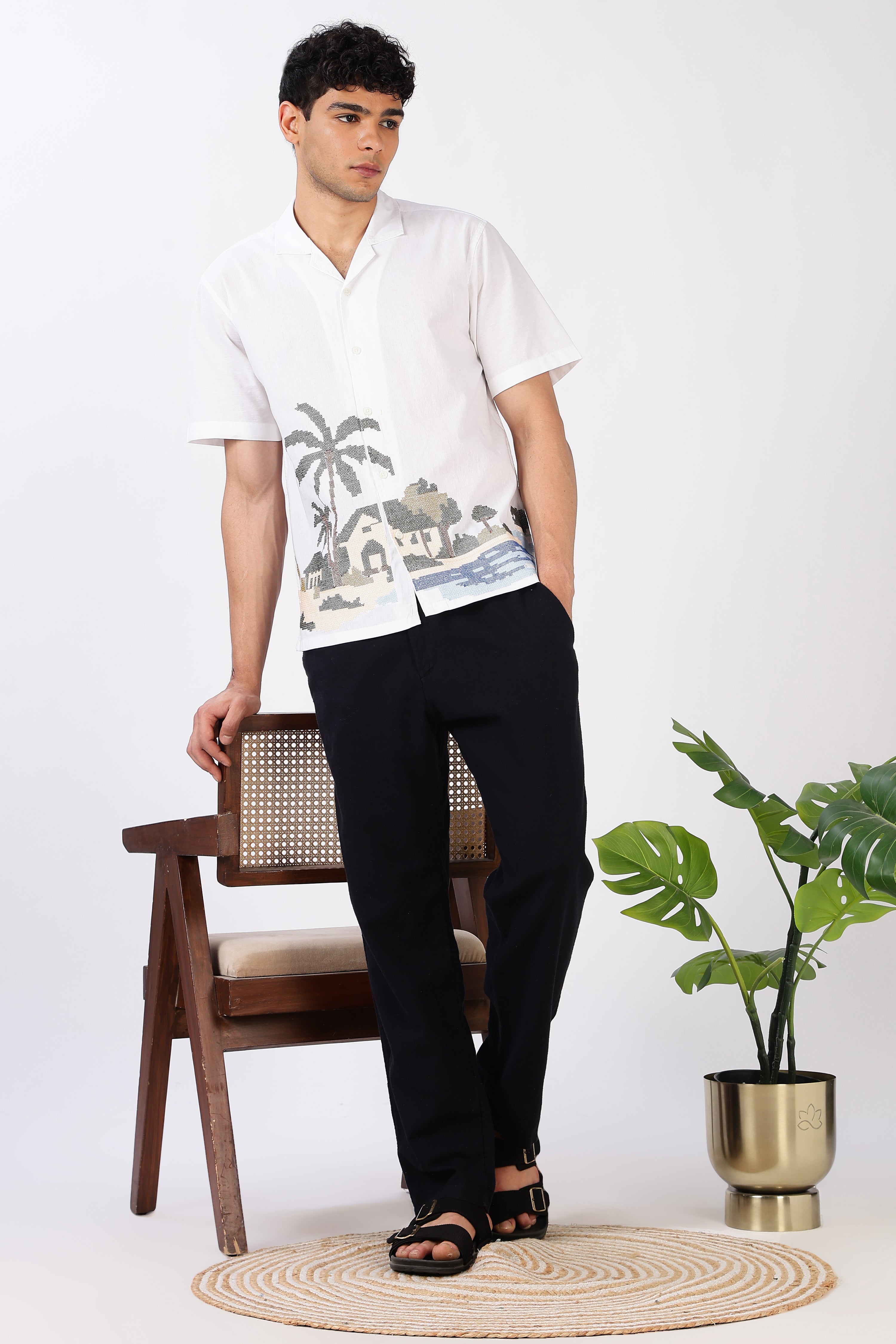 Coastal Haven Cotton Box Fit White Embroidered  Shirt