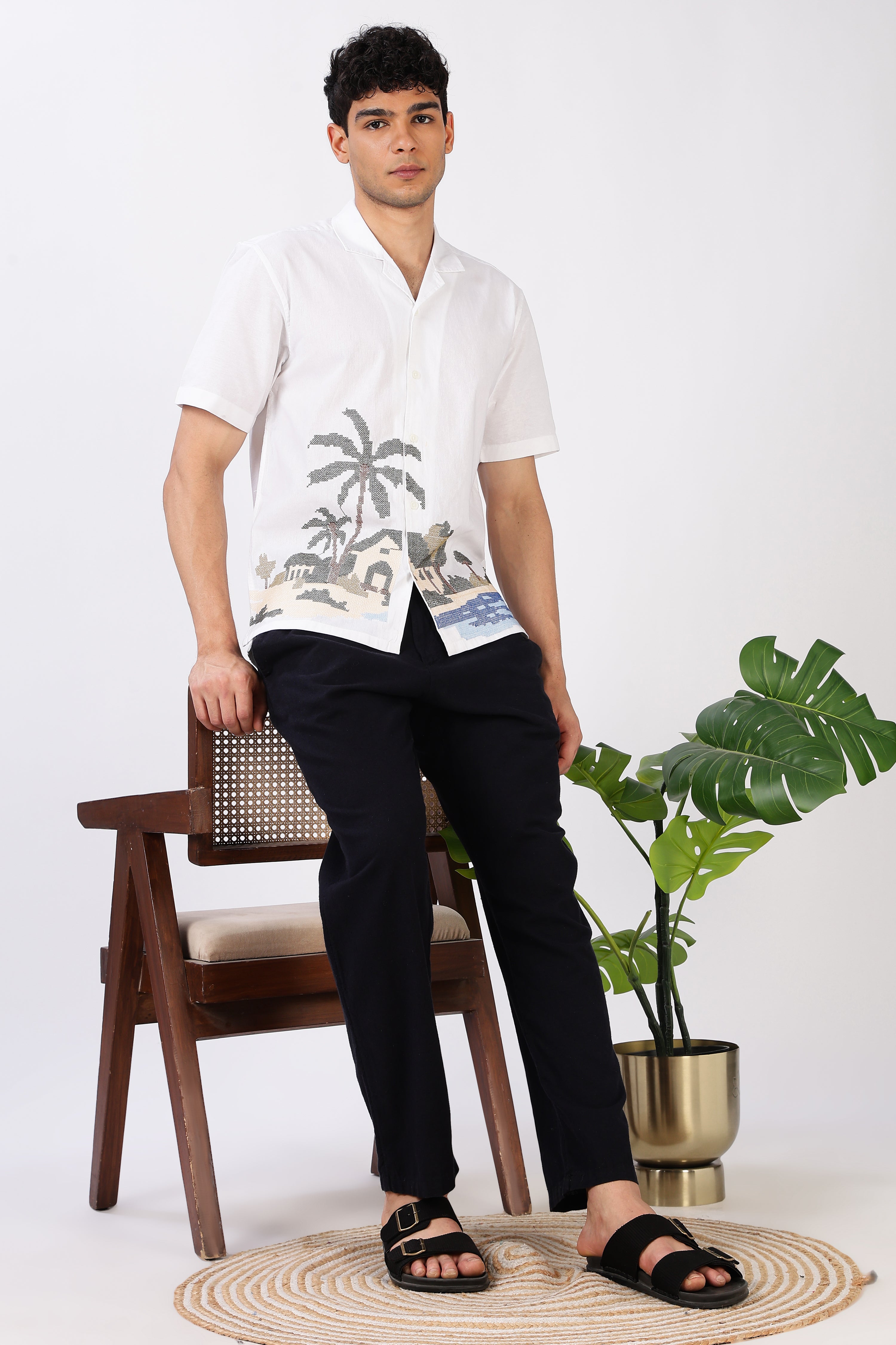 Coastal Haven Cotton Box Fit White Embroidered  Shirt