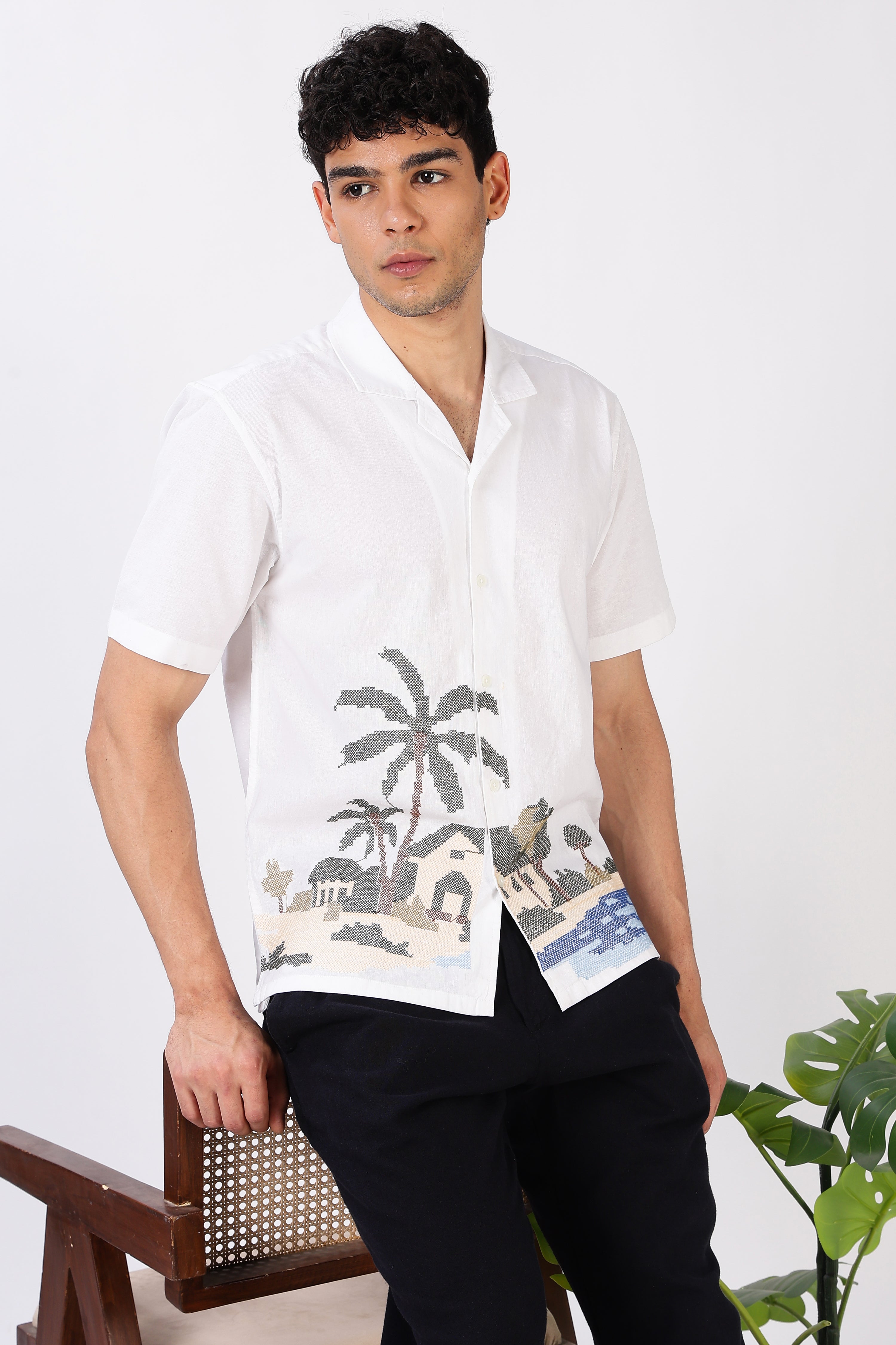 Coastal Haven Cotton Box Fit White Embroidered  Shirt