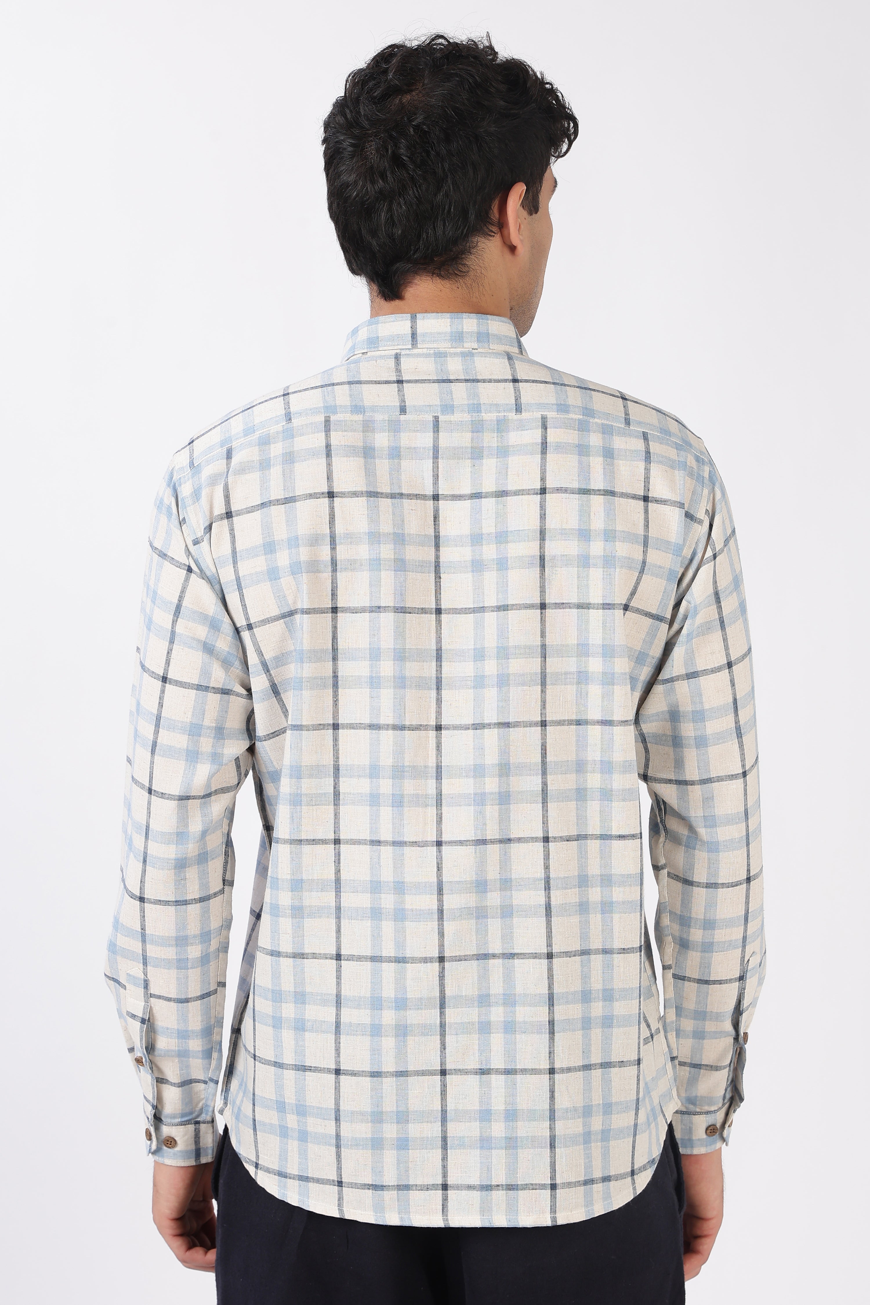 Road Long Drive Cotton Regular Fit Blue Checkered Embroidered Shirt