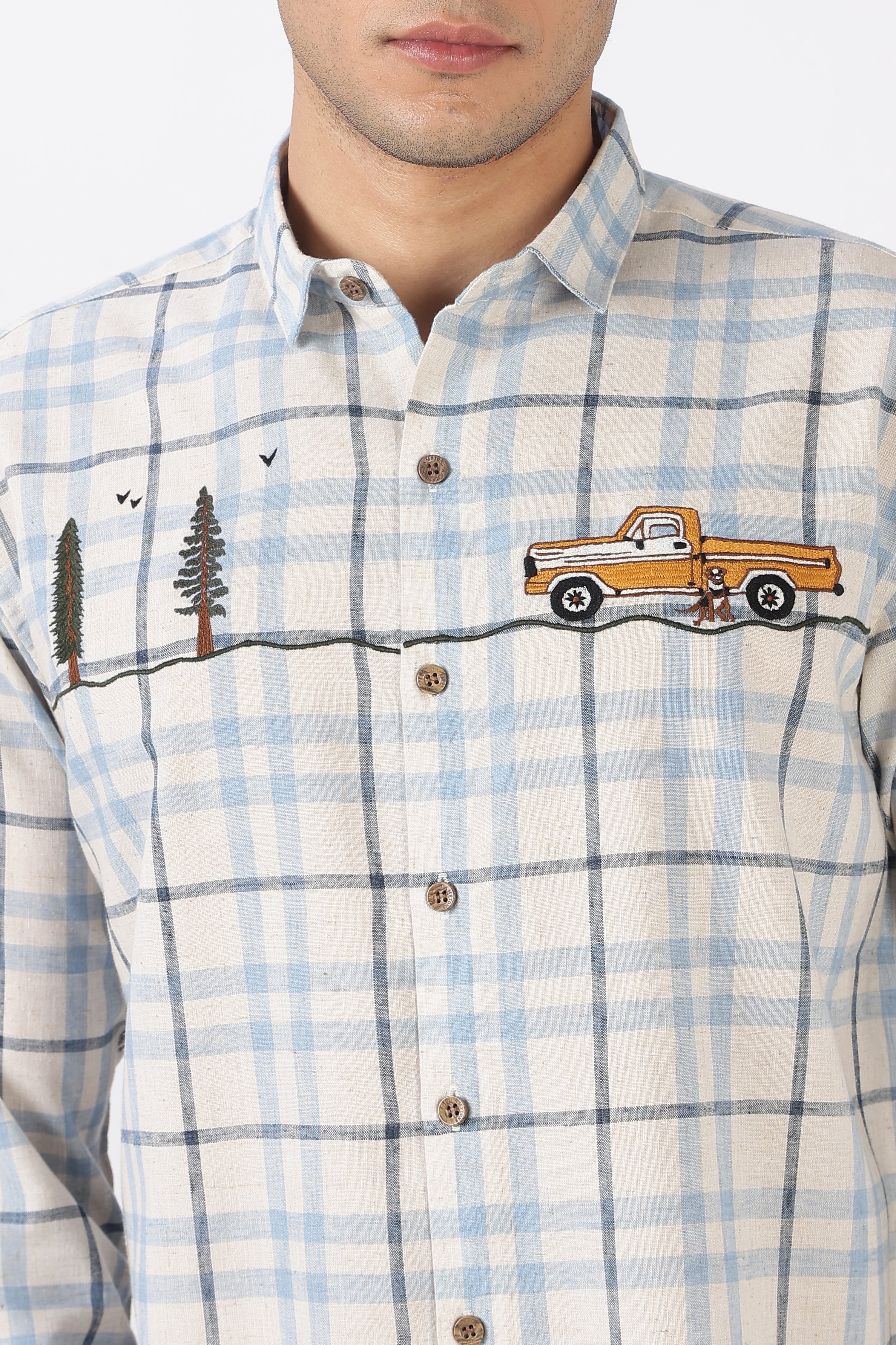 Road Long Drive Cotton Regular Fit Blue Checkered Embroidered Shirt