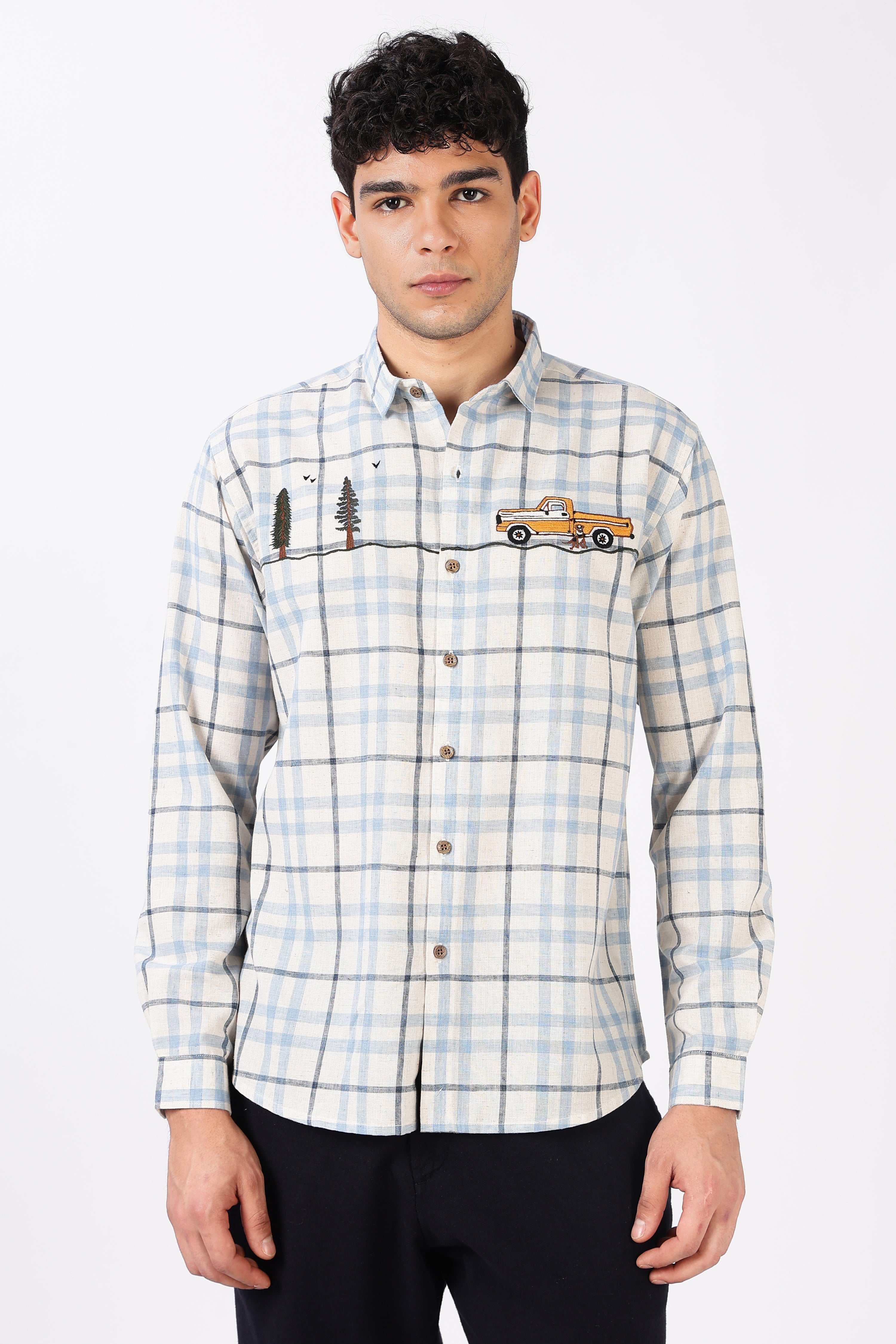 Road Long Drive Cotton Regular Fit Blue Checkered Embroidered Shirt
