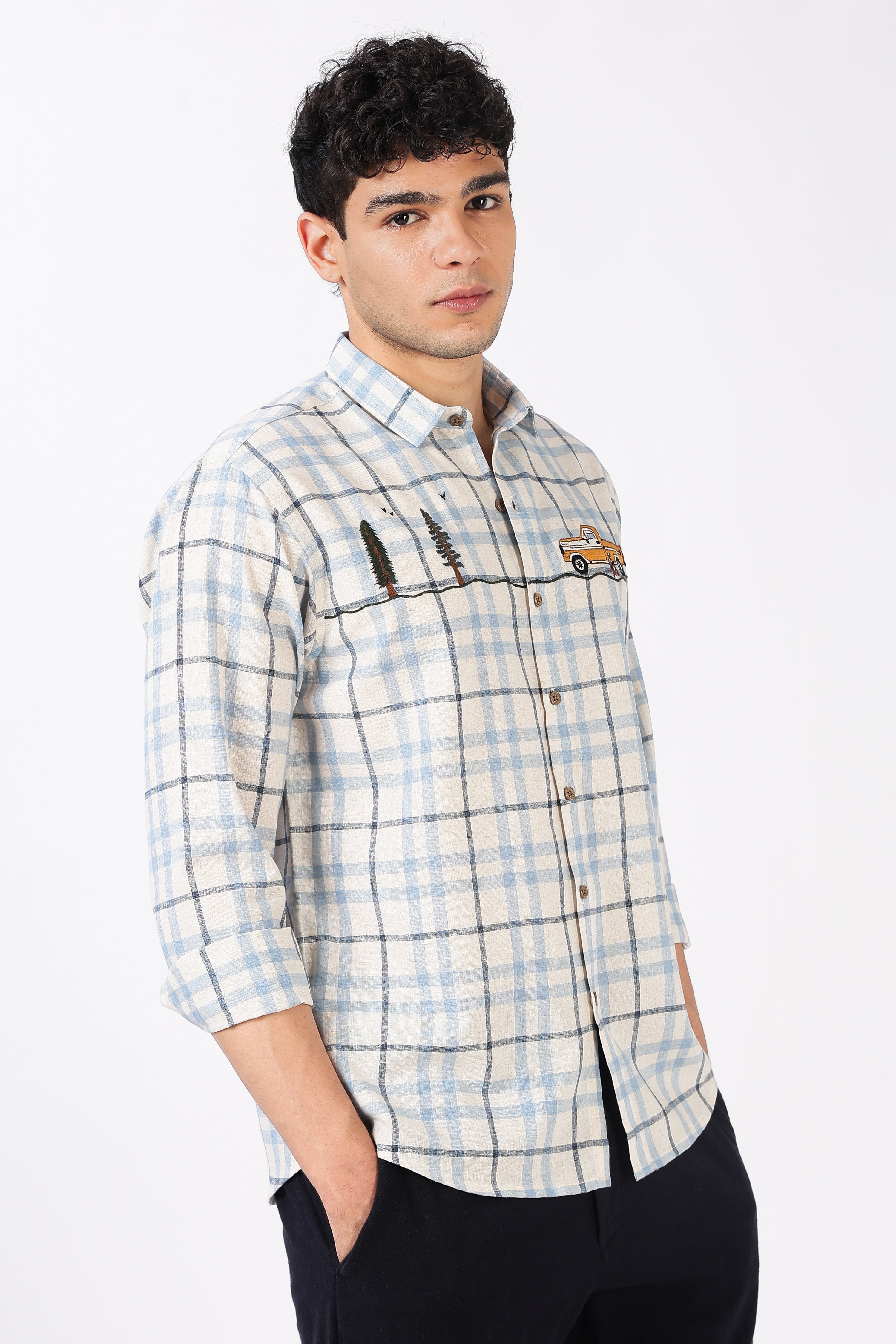 Road Long Drive Cotton Regular Fit Blue Checkered Embroidered Shirt