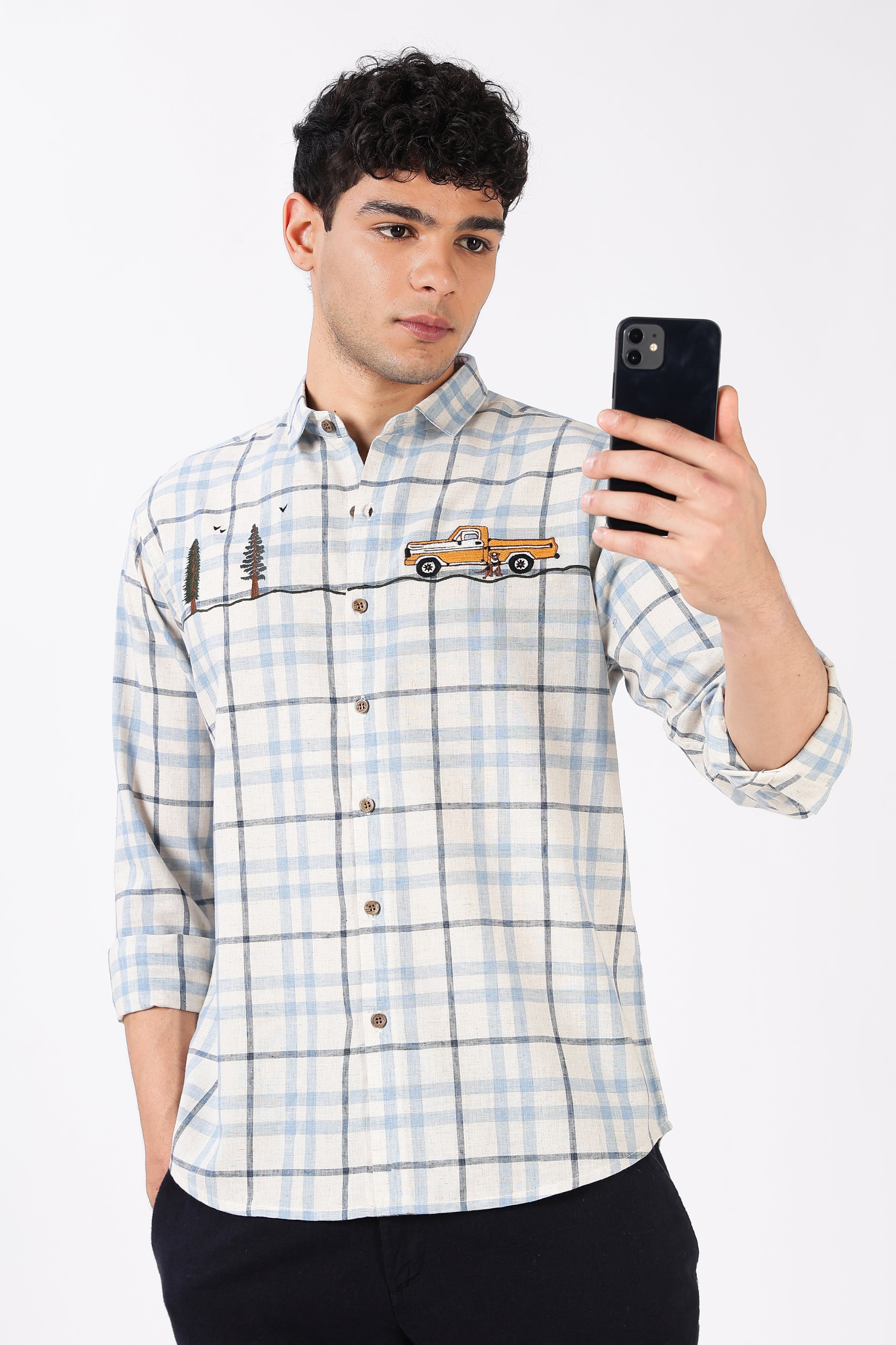 Road Long Drive Cotton Regular Fit Blue Checkered Embroidered Shirt