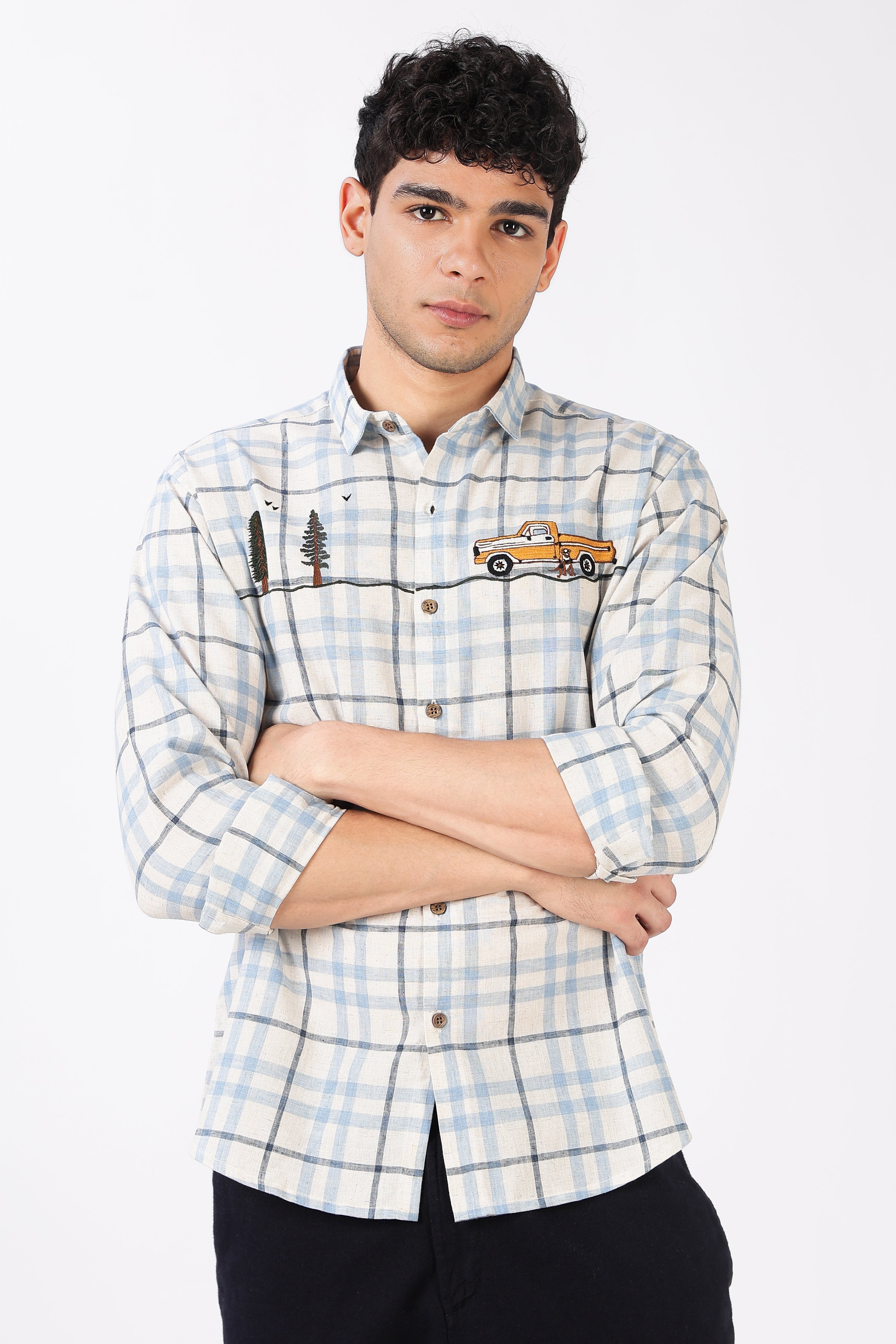 Road Long Drive Cotton Regular Fit Blue Checkered Embroidered Shirt