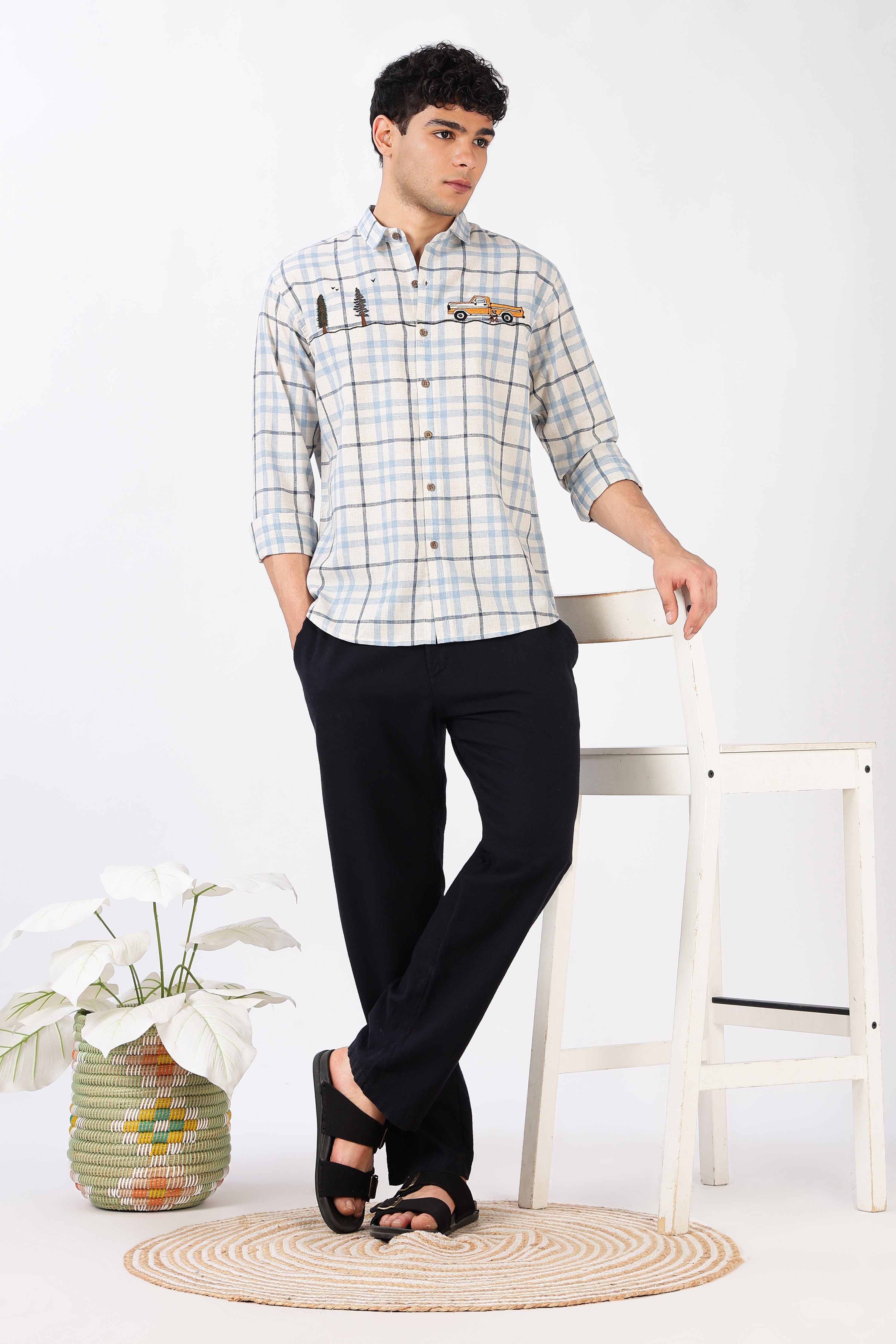 Road Long Drive Cotton Regular Fit Blue Checkered Embroidered Shirt