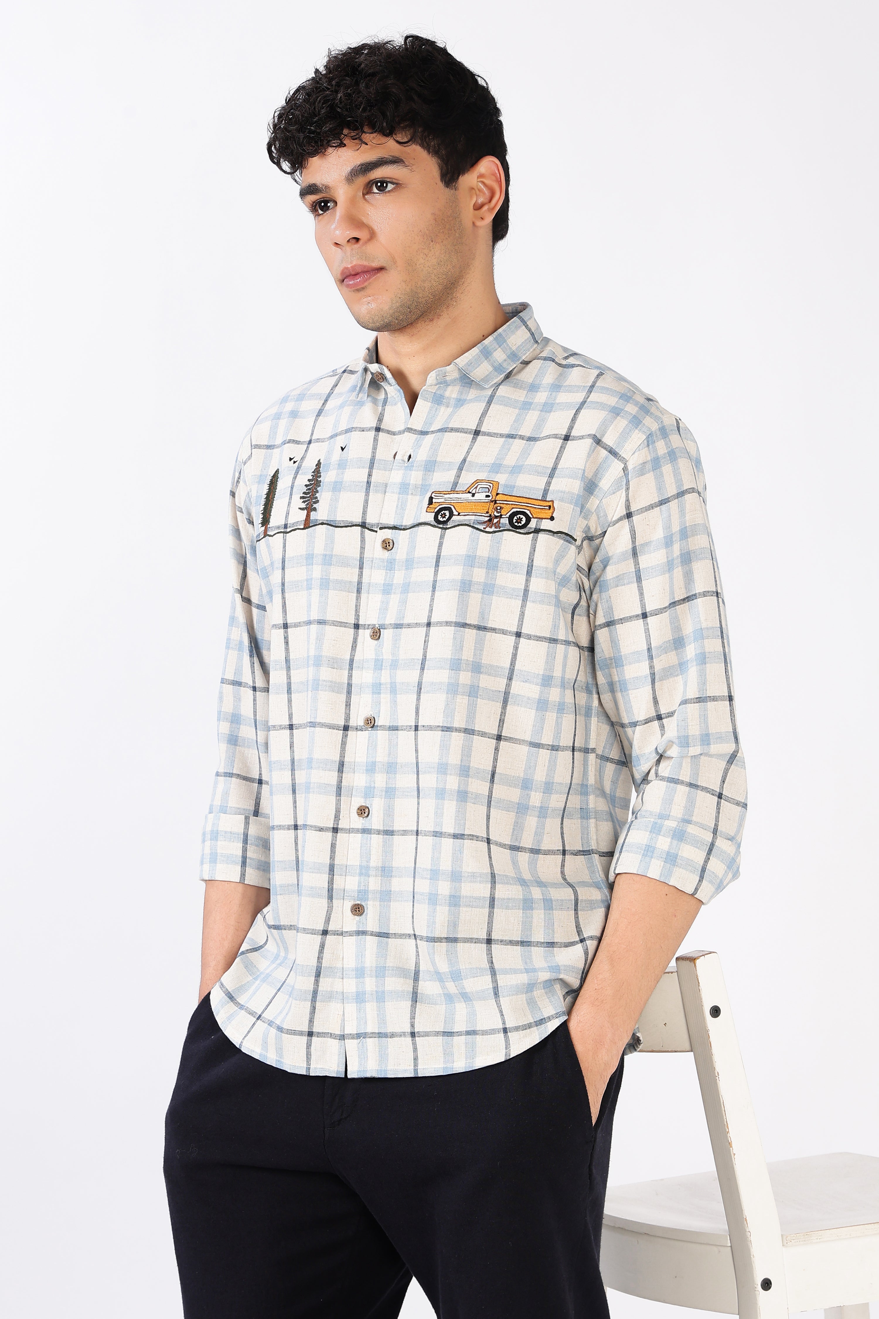 Road Long Drive Cotton Regular Fit Blue Checkered Embroidered Shirt