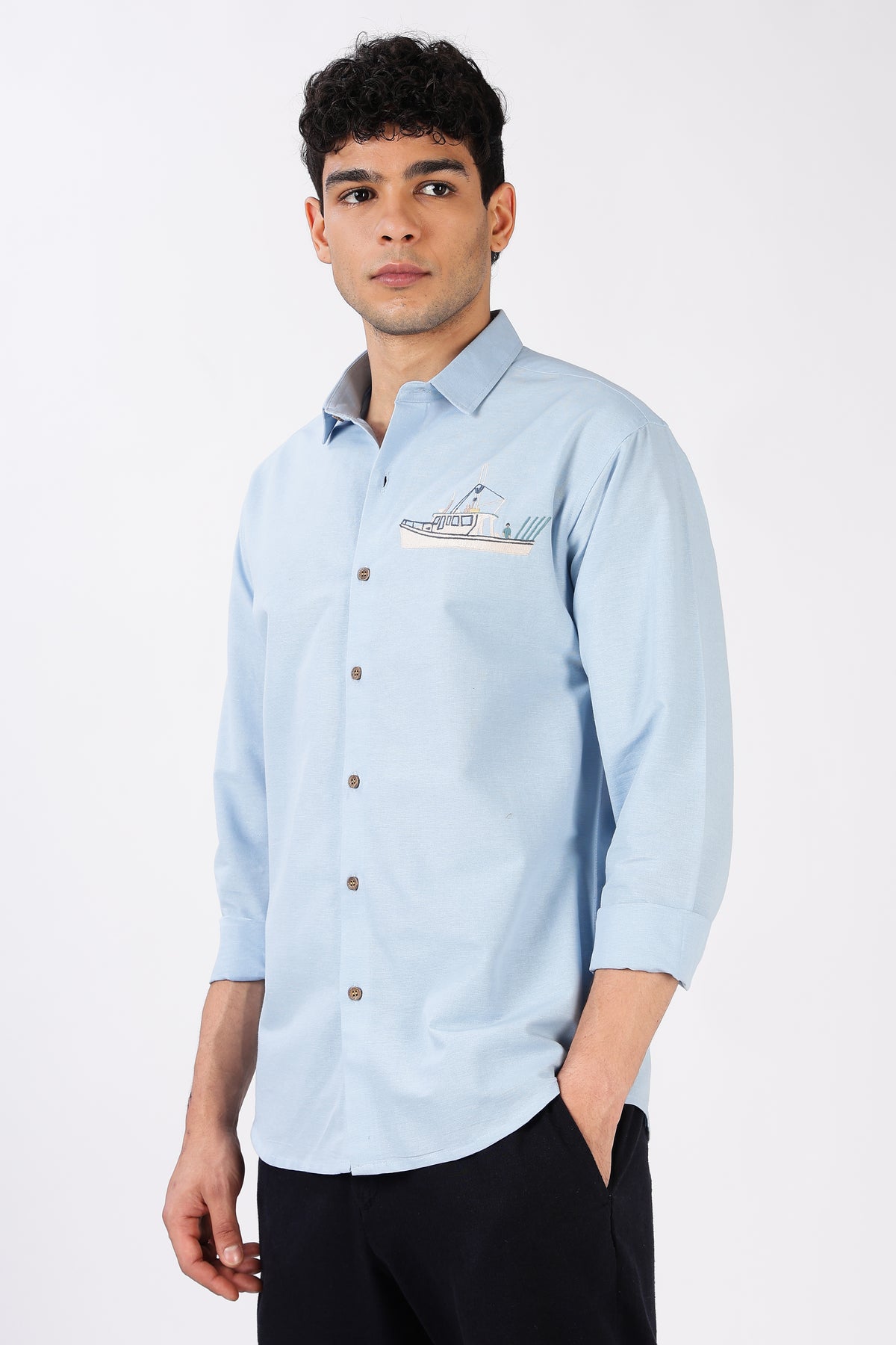 Harbour Catch Cotton Regular Fit Blue Embroidered Shirt