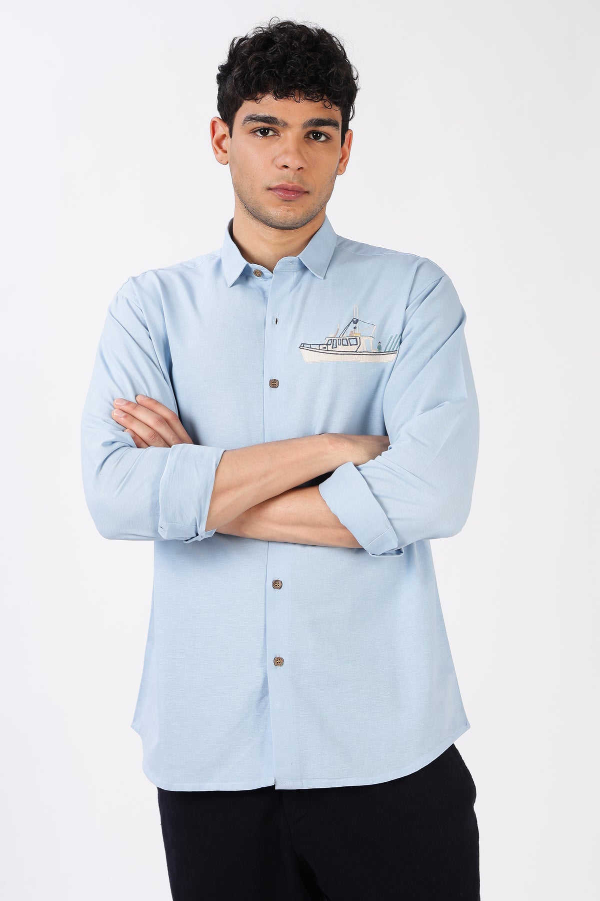 Harbour Catch Cotton Regular Fit Blue Embroidered Shirt