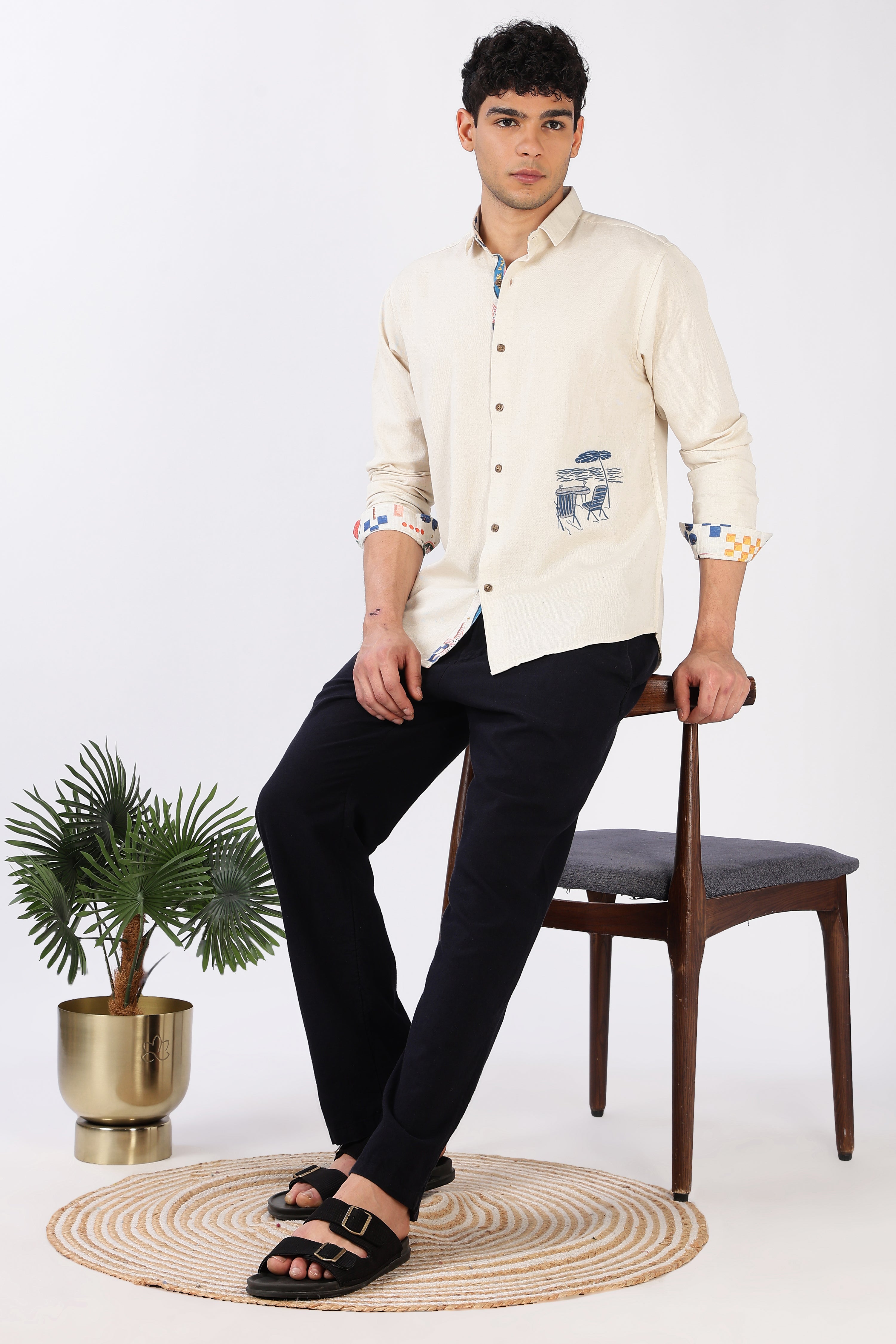 Seaside Café Cotton Regular Fit Beige Embroidered Shirt