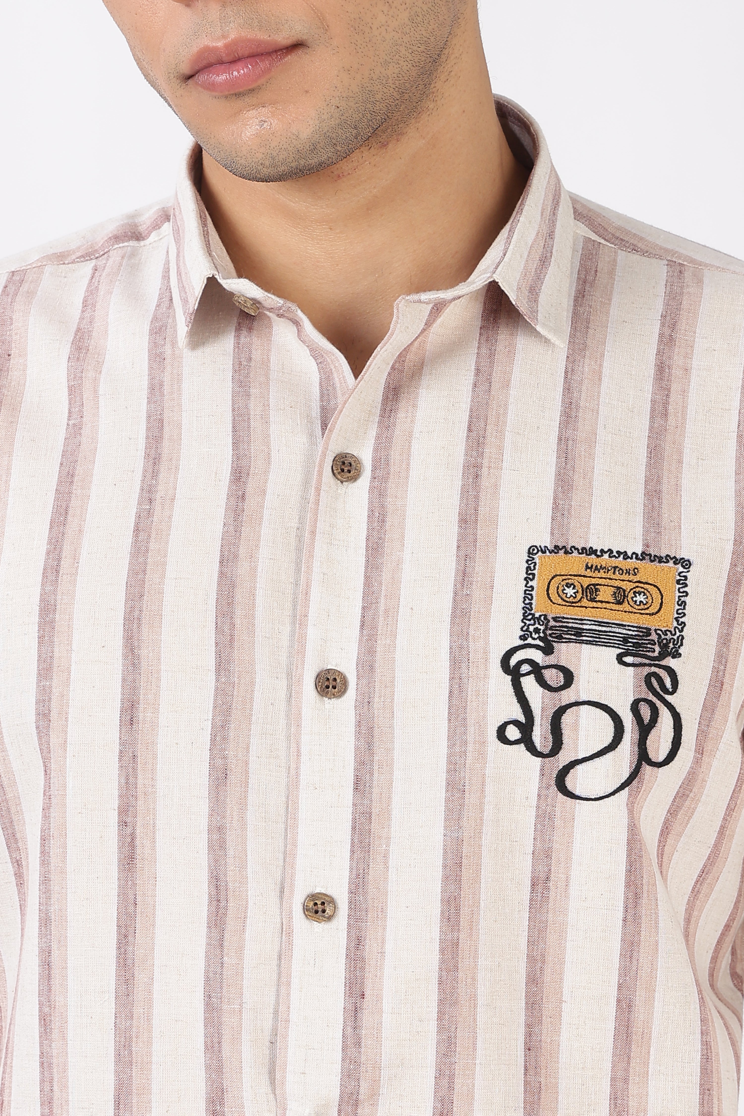 Rewind Rhythm Cotton Regular Fit Pink Striped Embroidered Shirt