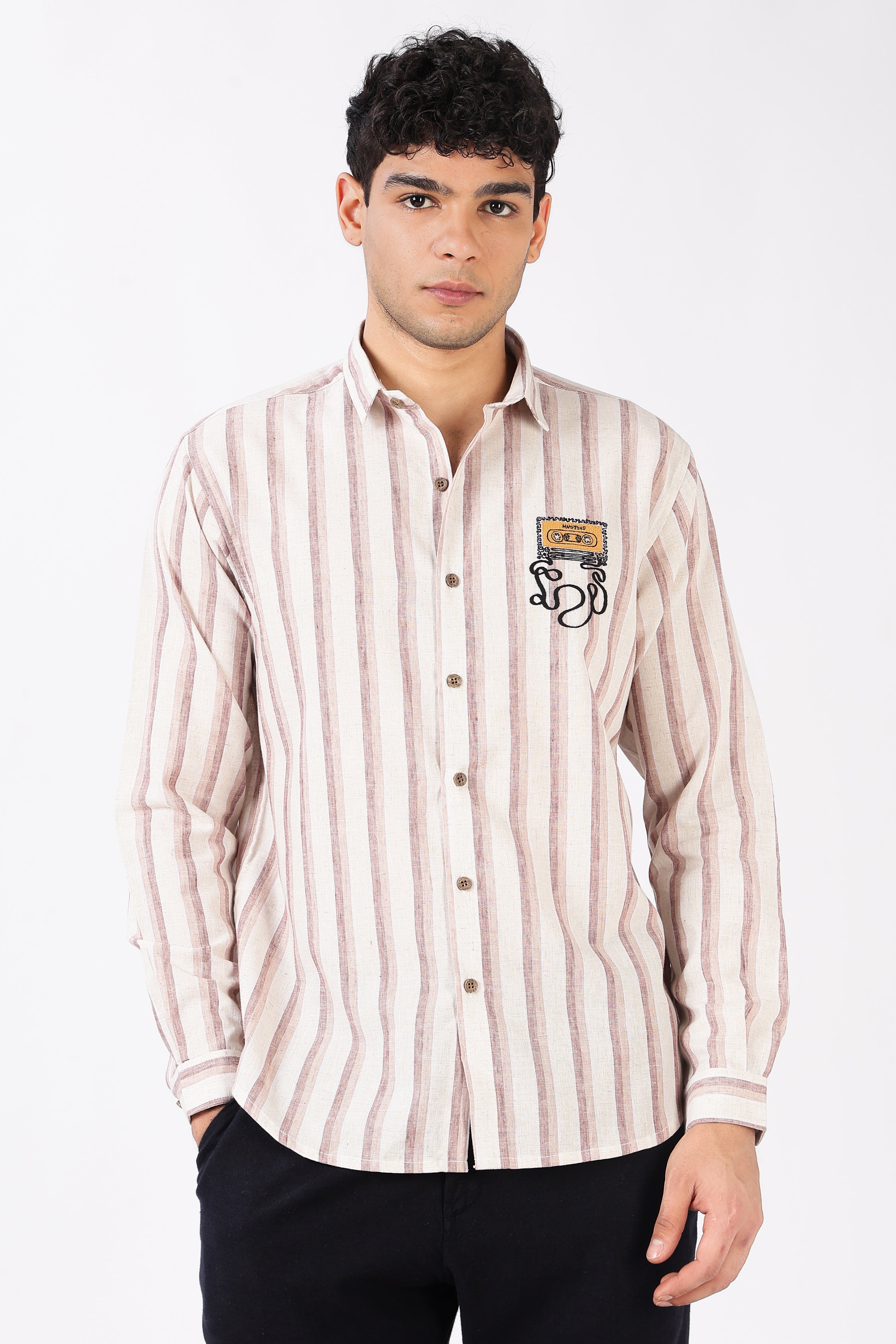 Rewind Rhythm Cotton Regular Fit Pink Striped Embroidered Shirt