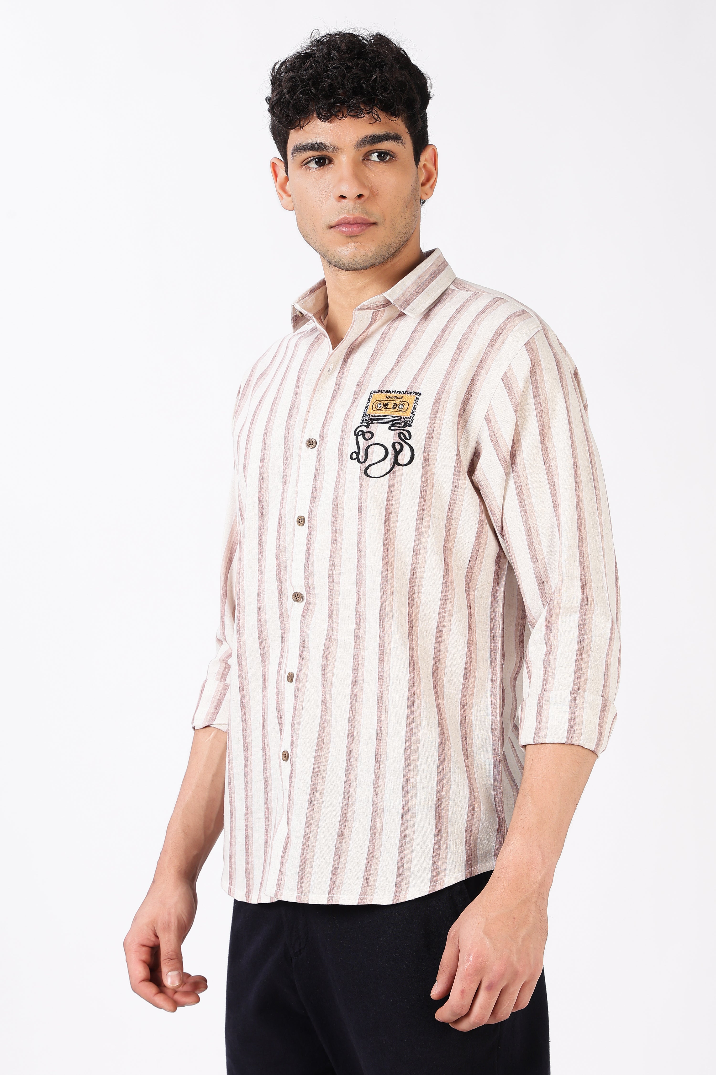 Rewind Rhythm Cotton Regular Fit Pink Striped Embroidered Shirt