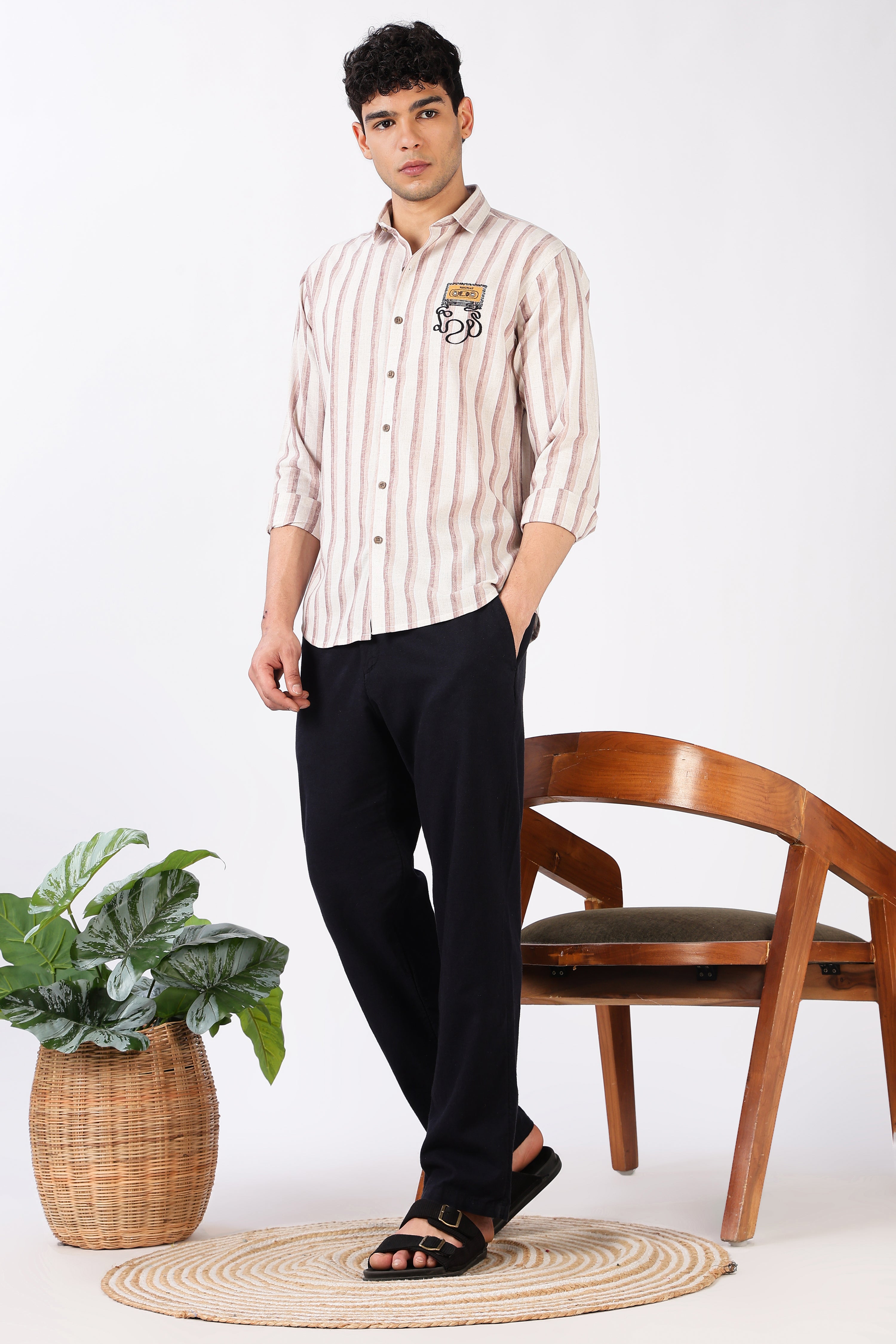 Rewind Rhythm Cotton Regular Fit Pink Striped Embroidered Shirt