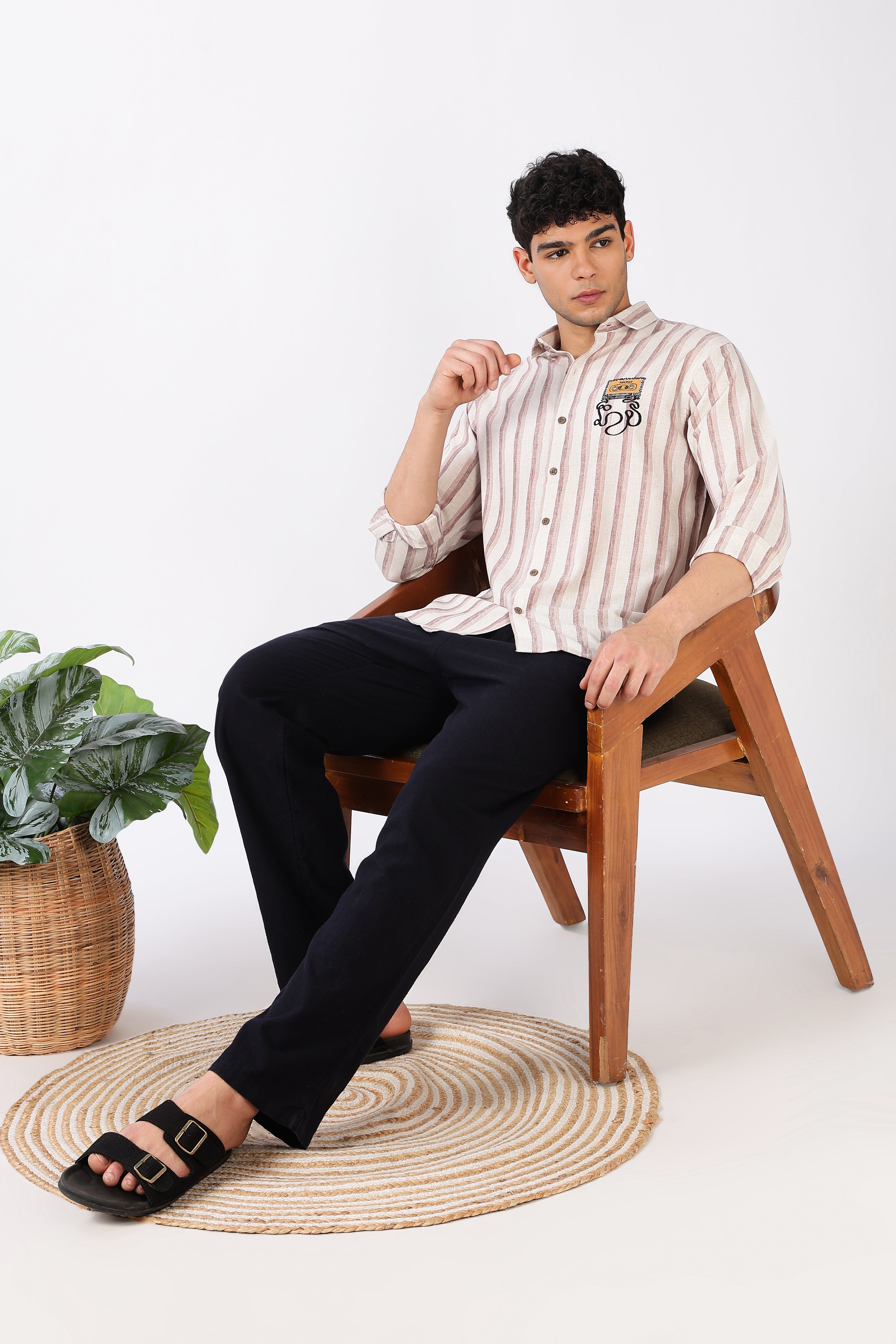 Rewind Rhythm Cotton Regular Fit Pink Striped Embroidered Shirt