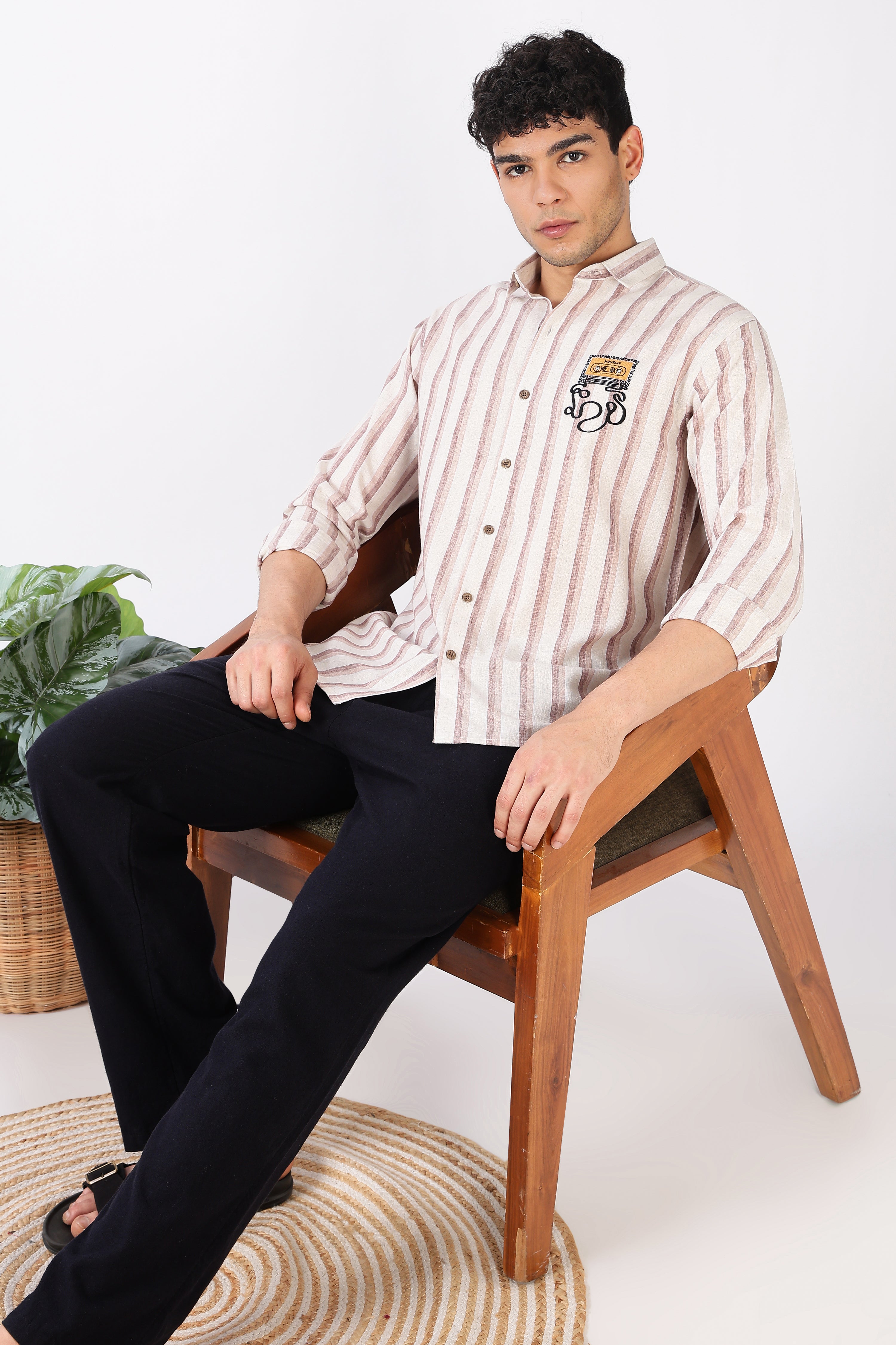 Rewind Rhythm Cotton Regular Fit Pink Striped Embroidered Shirt