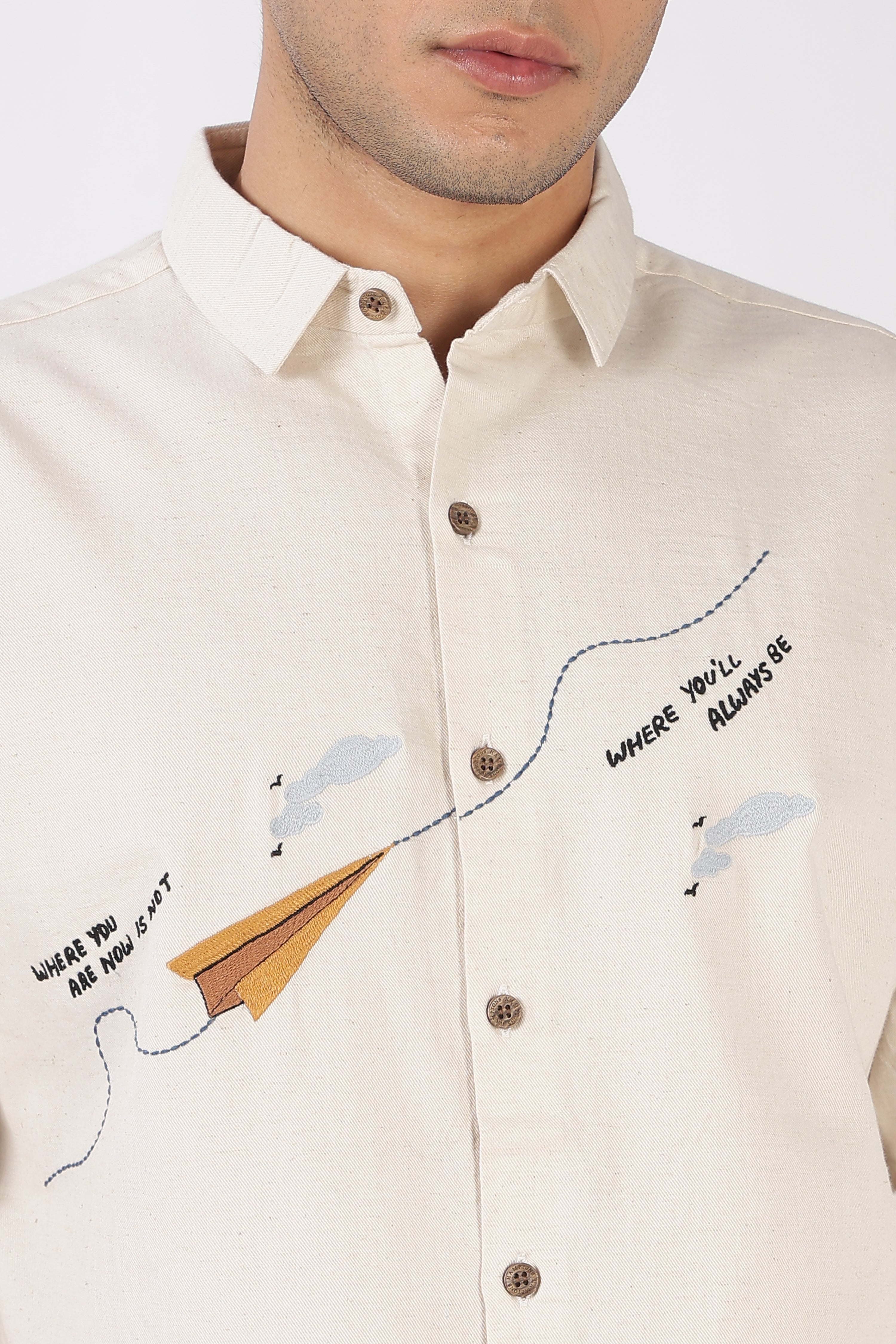 Paper Plane Journey Cotton Regular Fit Beige Embroidered Shirt