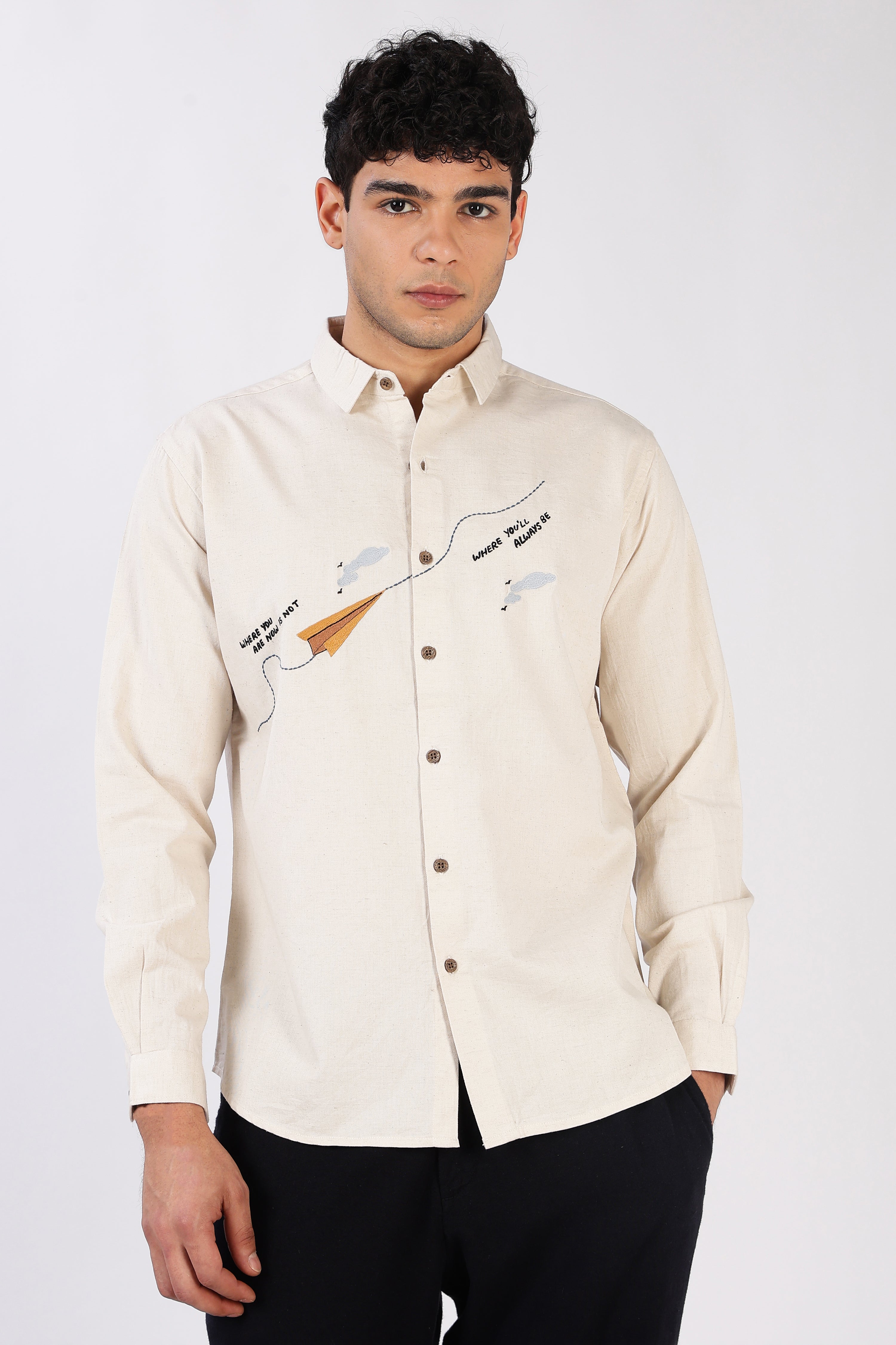 Paper Plane Journey Cotton Regular Fit Beige Embroidered Shirt