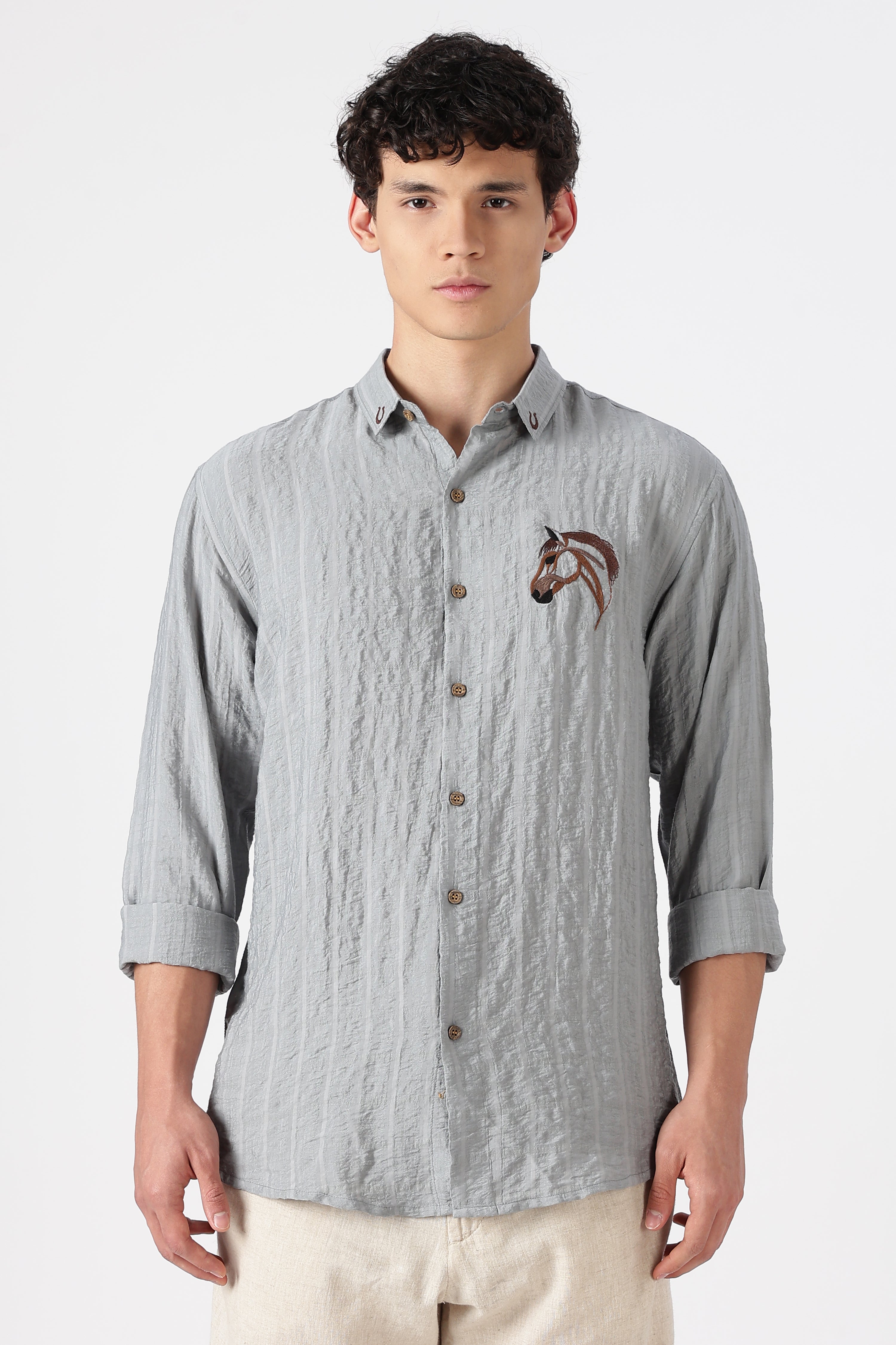 Mustang Horse Cotton Regular Fit Grey Embroidered Shirt