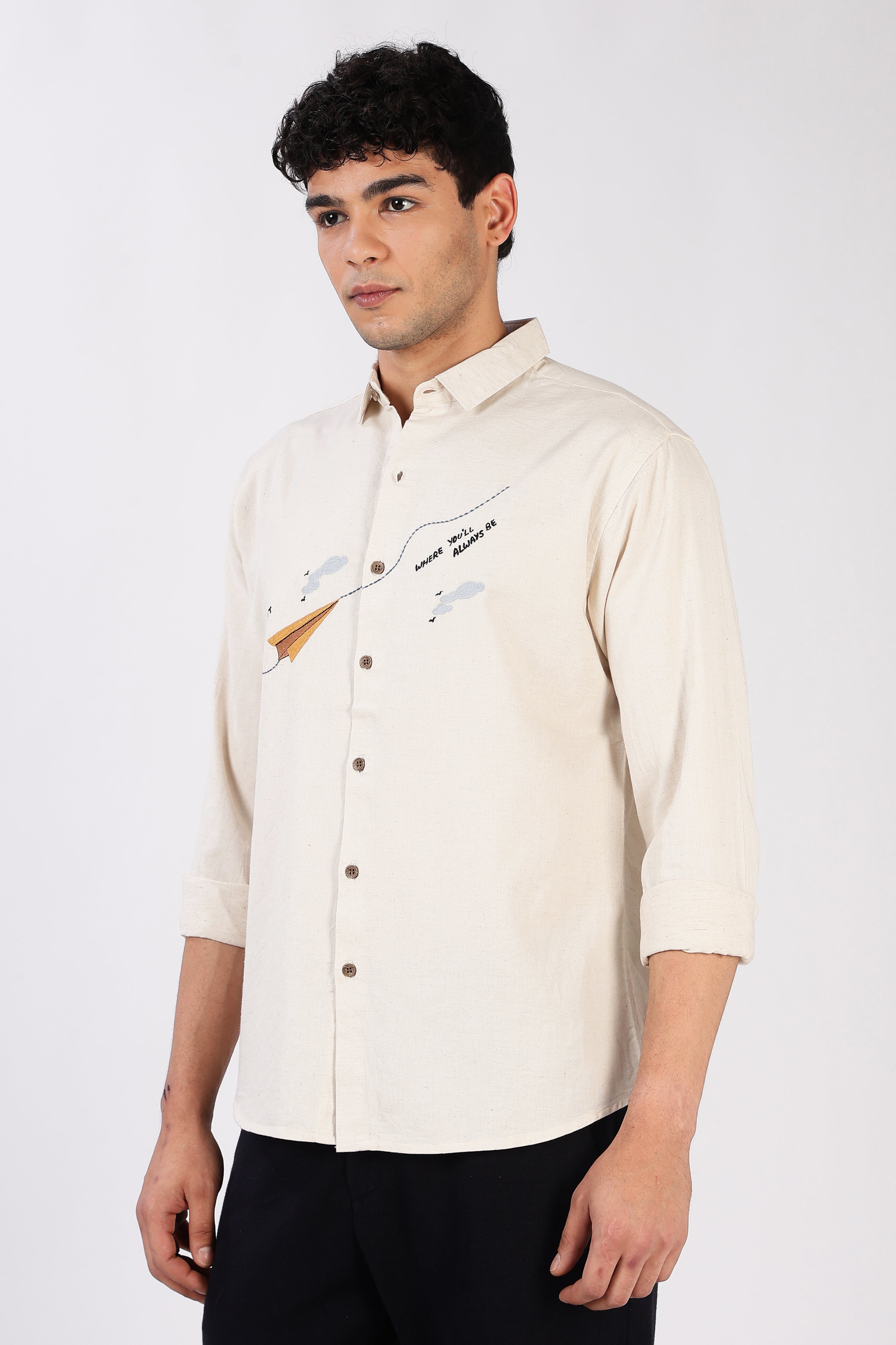 Paper Plane Journey Cotton Regular Fit Beige Embroidered Shirt
