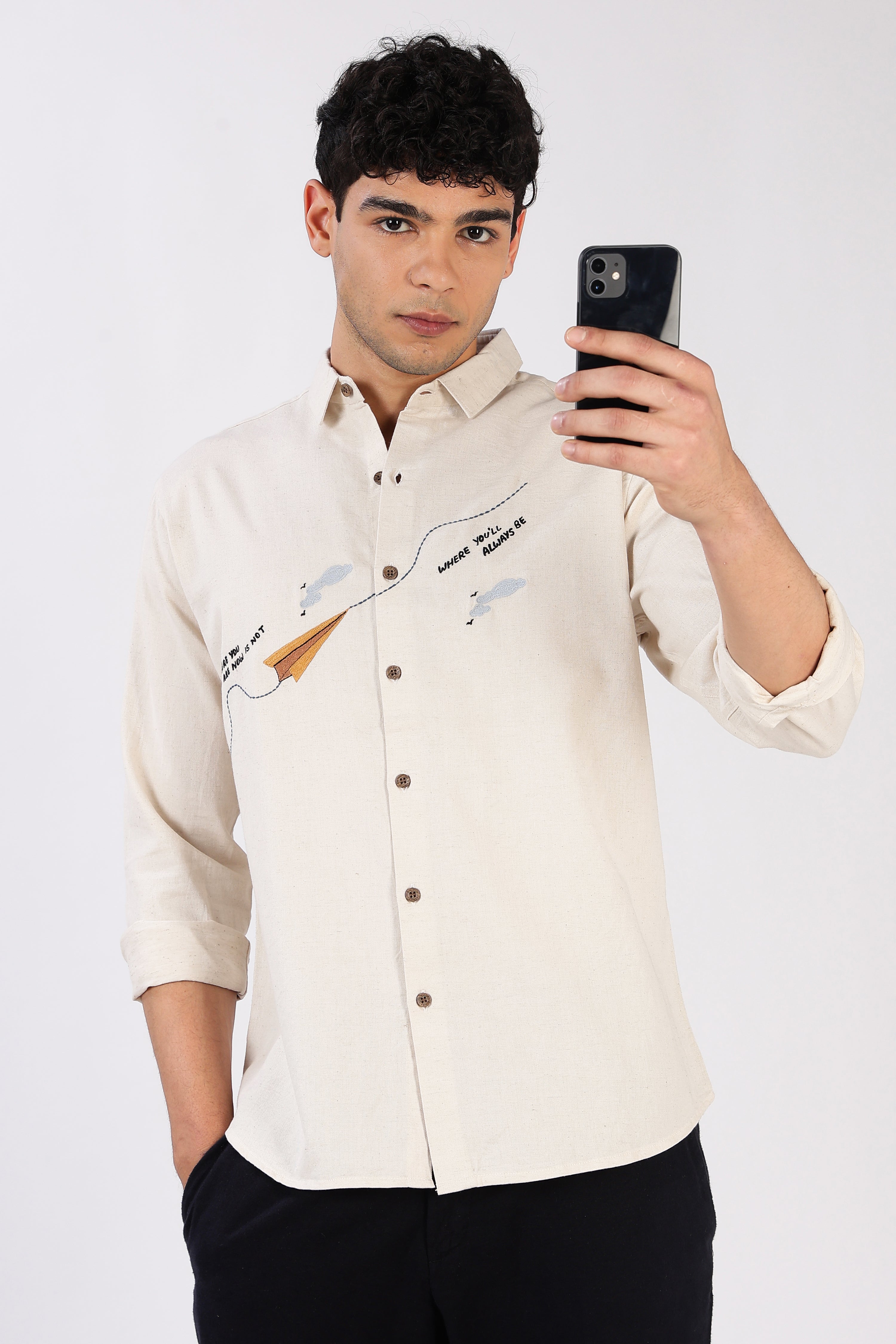 Paper Plane Journey Cotton Regular Fit Beige Embroidered Shirt