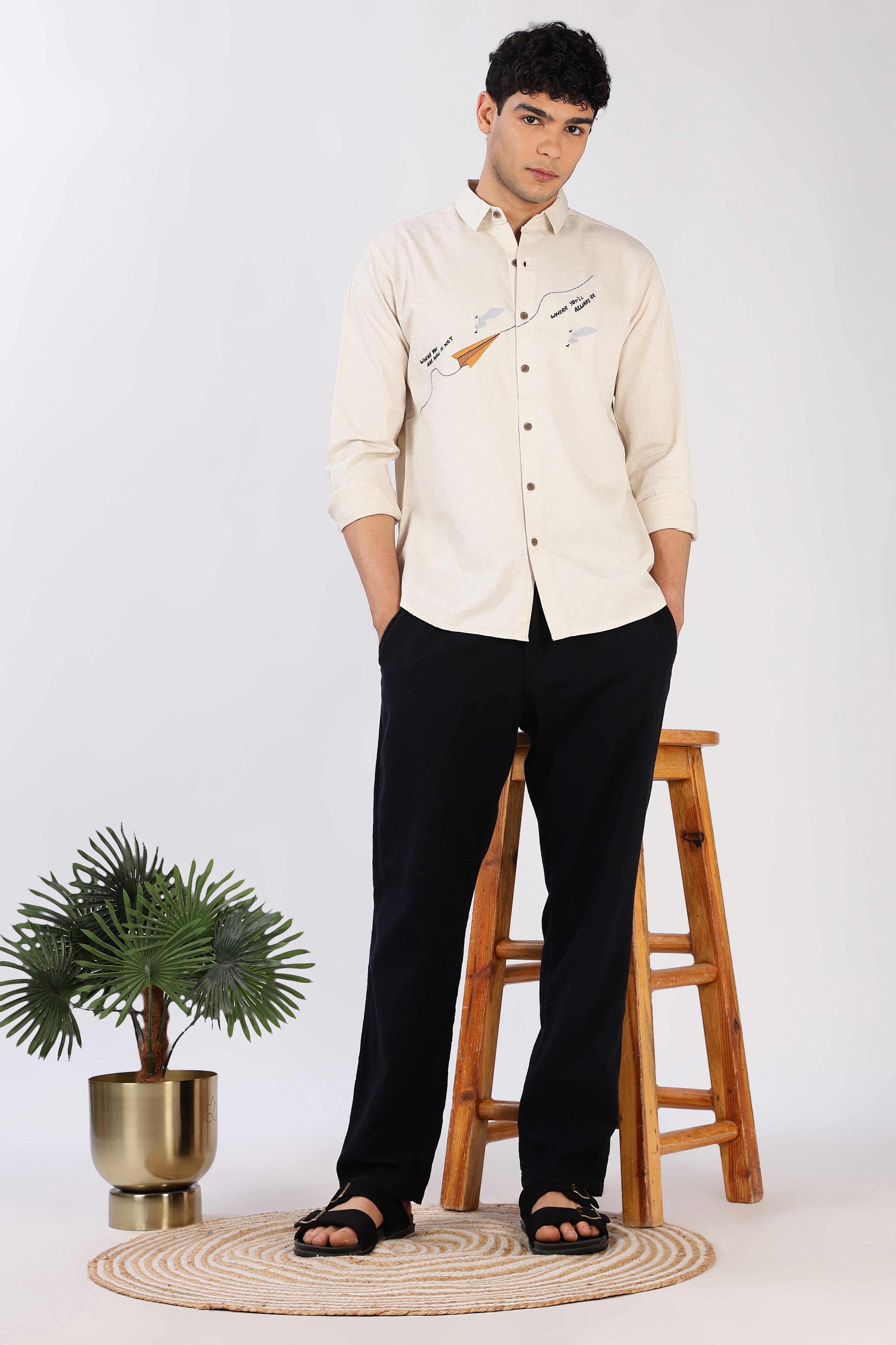Paper Plane Journey Cotton Regular Fit Beige Embroidered Shirt