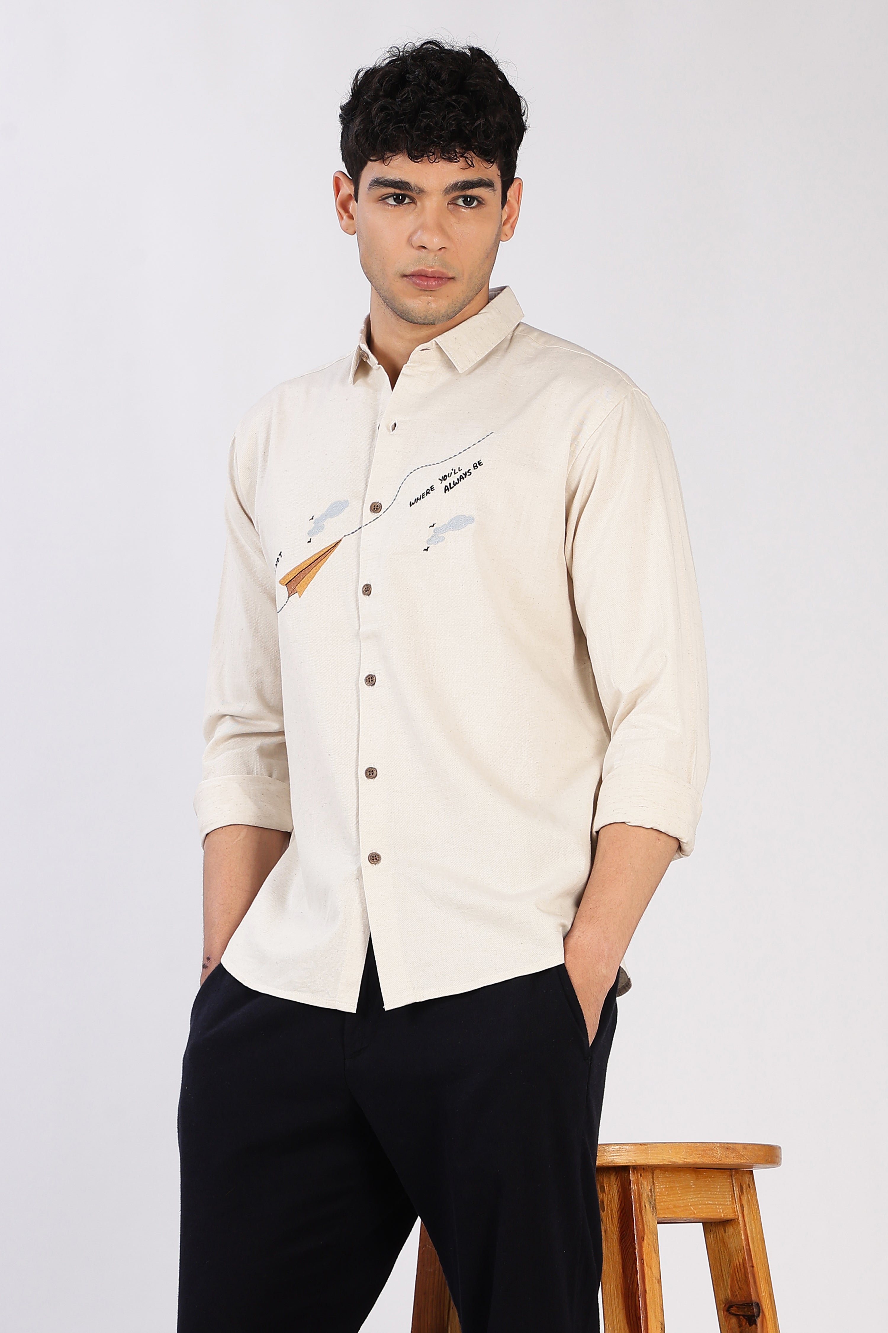 Paper Plane Journey Cotton Regular Fit Beige Embroidered Shirt