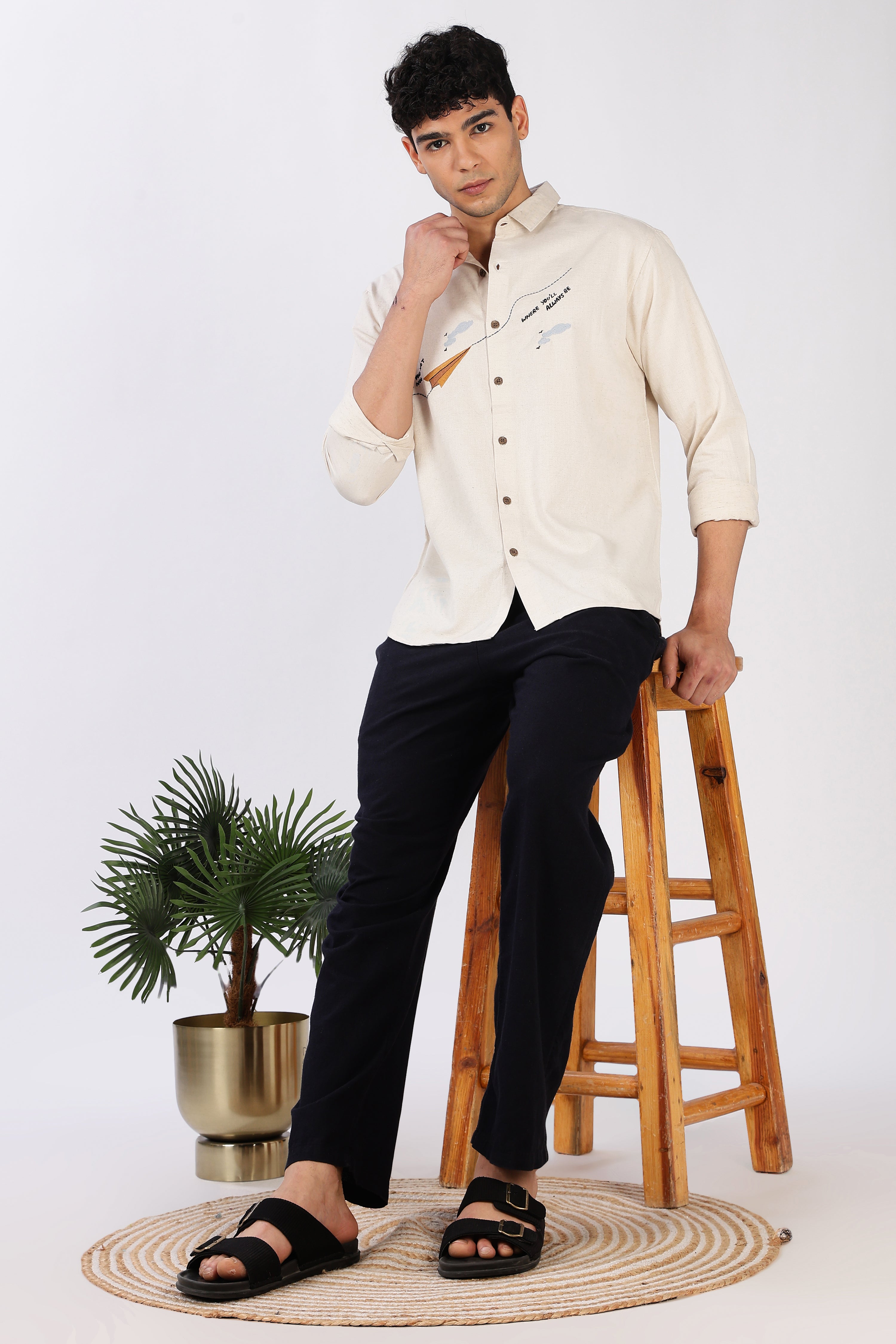 Paper Plane Journey Cotton Regular Fit Beige Embroidered Shirt