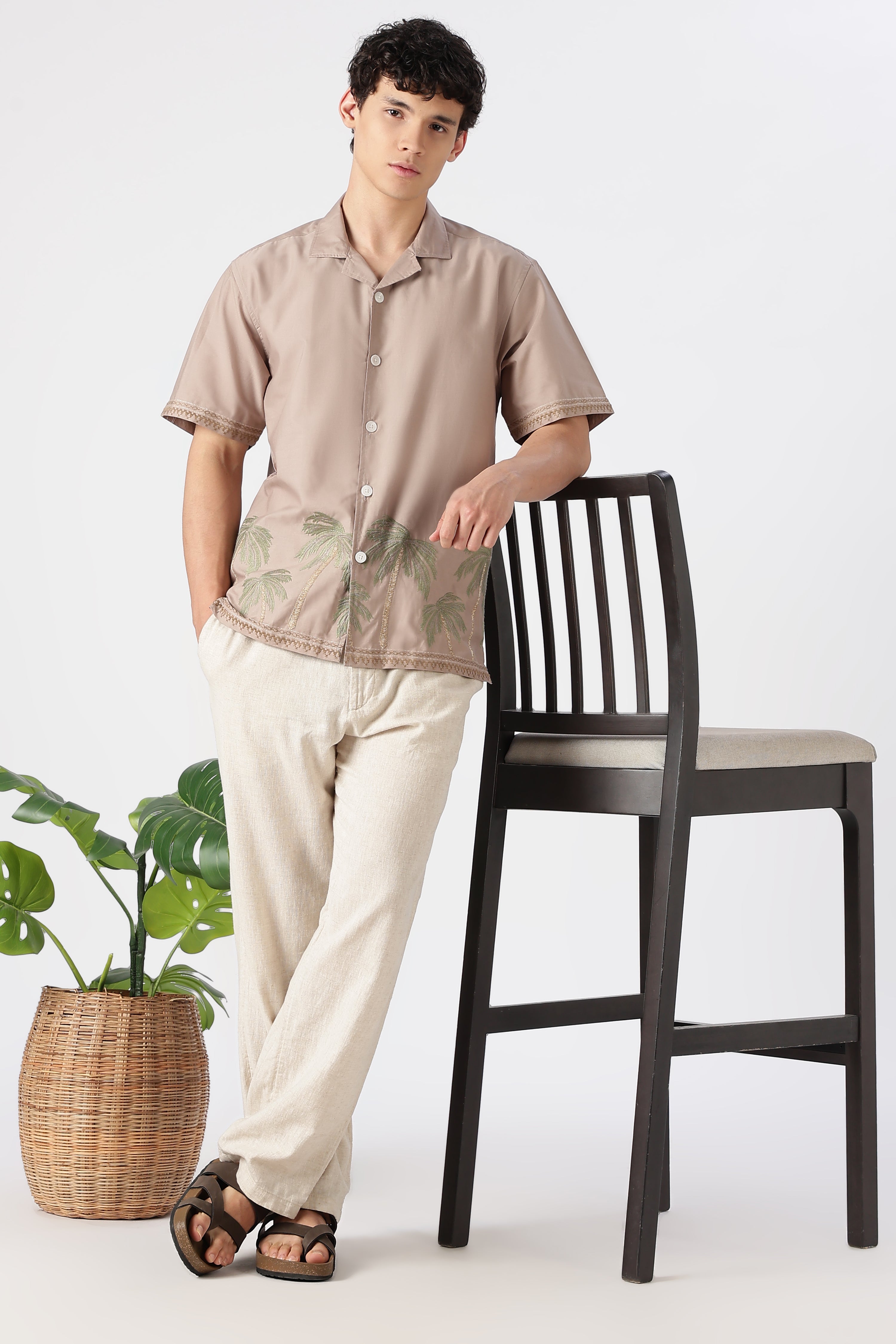 Palm Mirage Cotton Box Fit Brown Embroidered Shirt