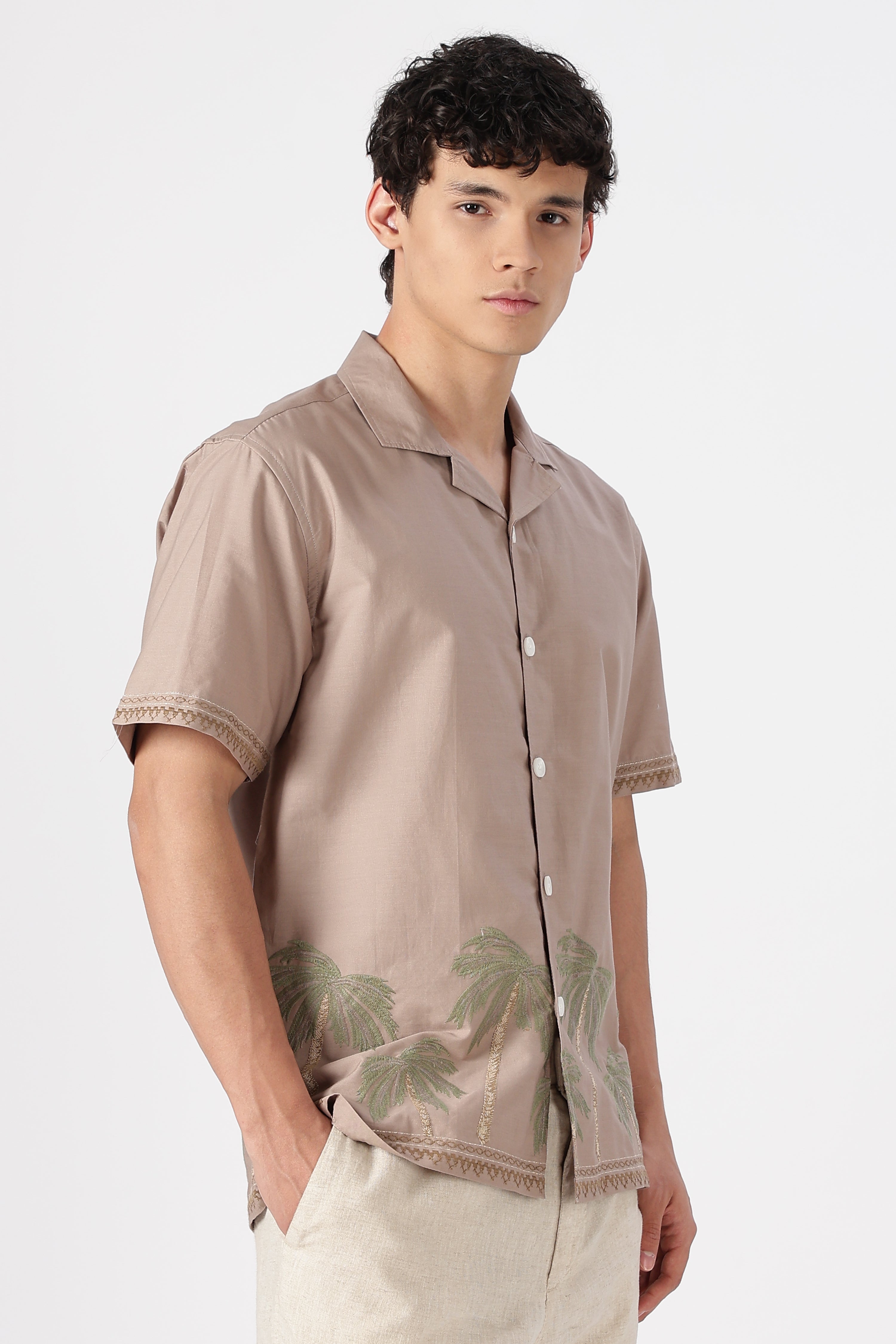 Palm Mirage Cotton Box Fit Brown Embroidered Shirt