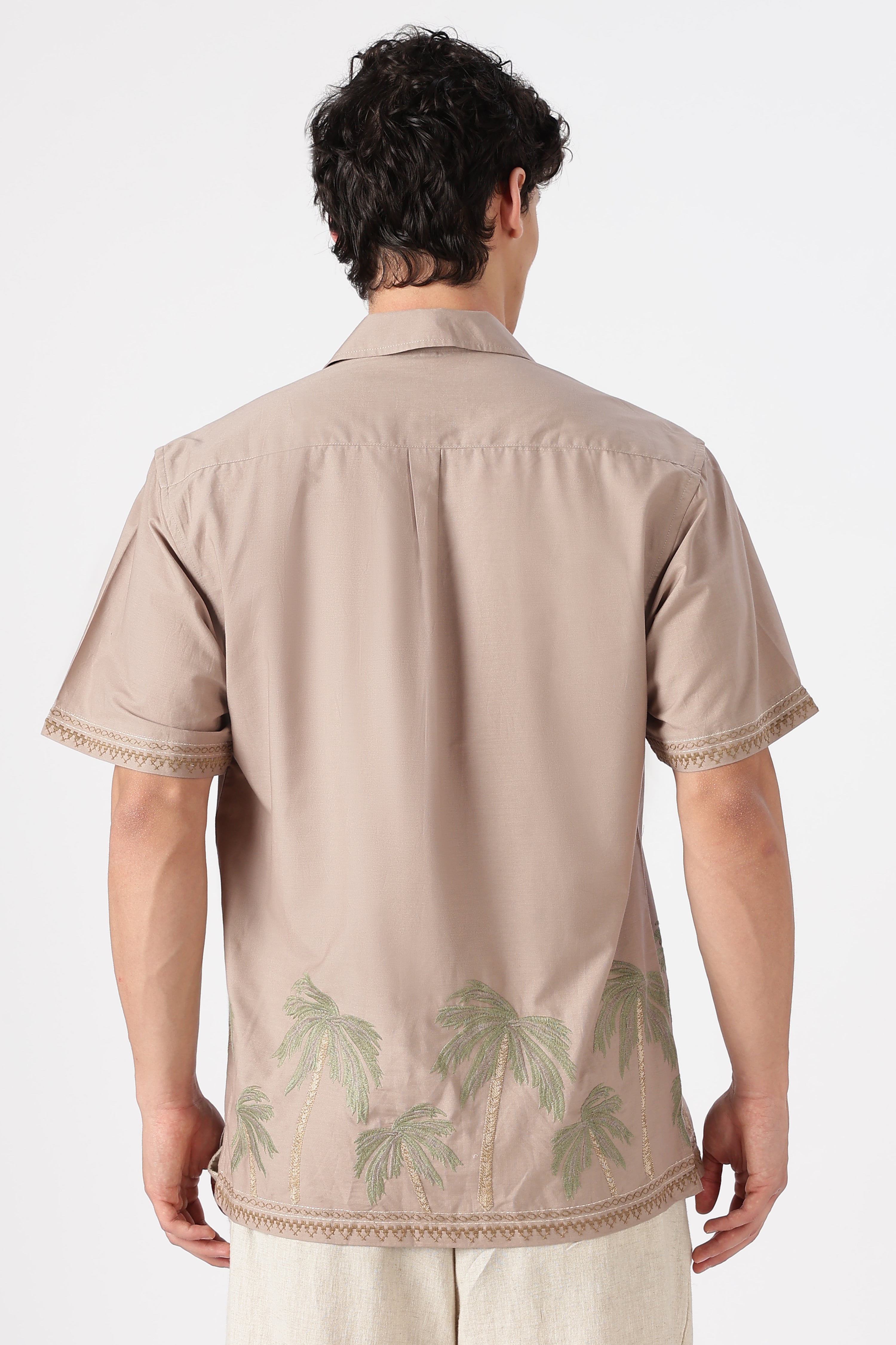 Palm Mirage Cotton Box Fit Brown Embroidered Shirt