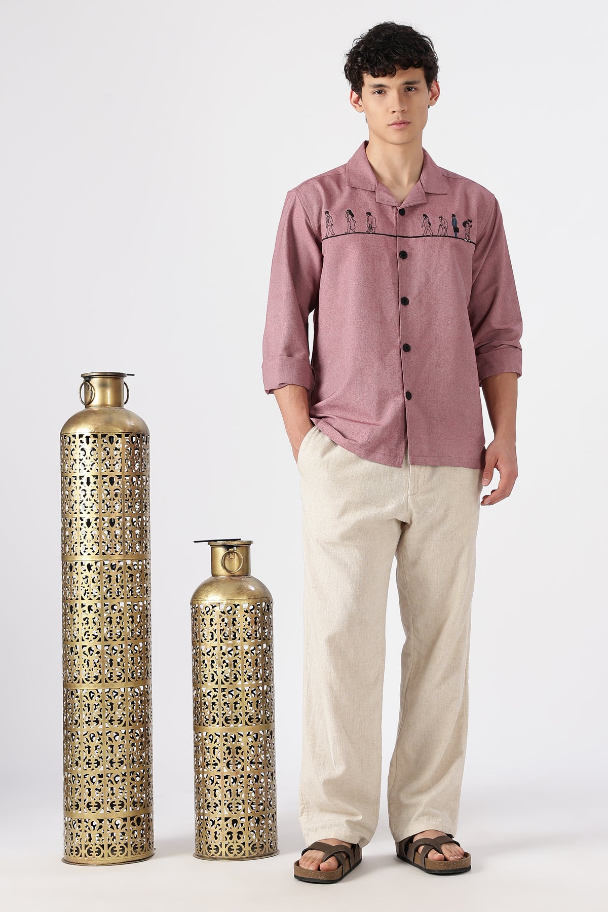 The Wanderer Travellers Cotton Box Fit Pink Embroidered Shirt