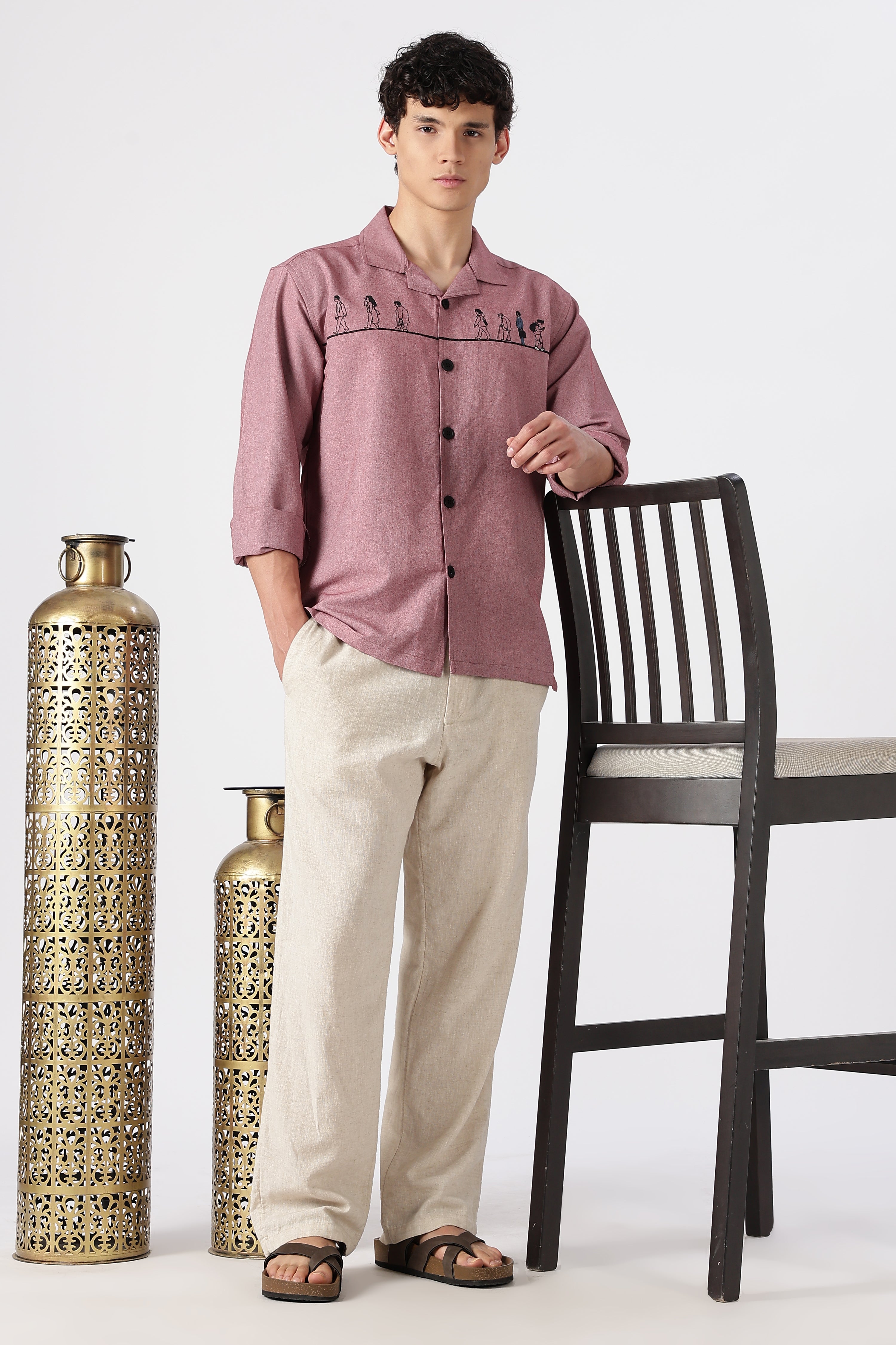 The Wanderer Travellers Cotton Box Fit Pink Embroidered Shirt