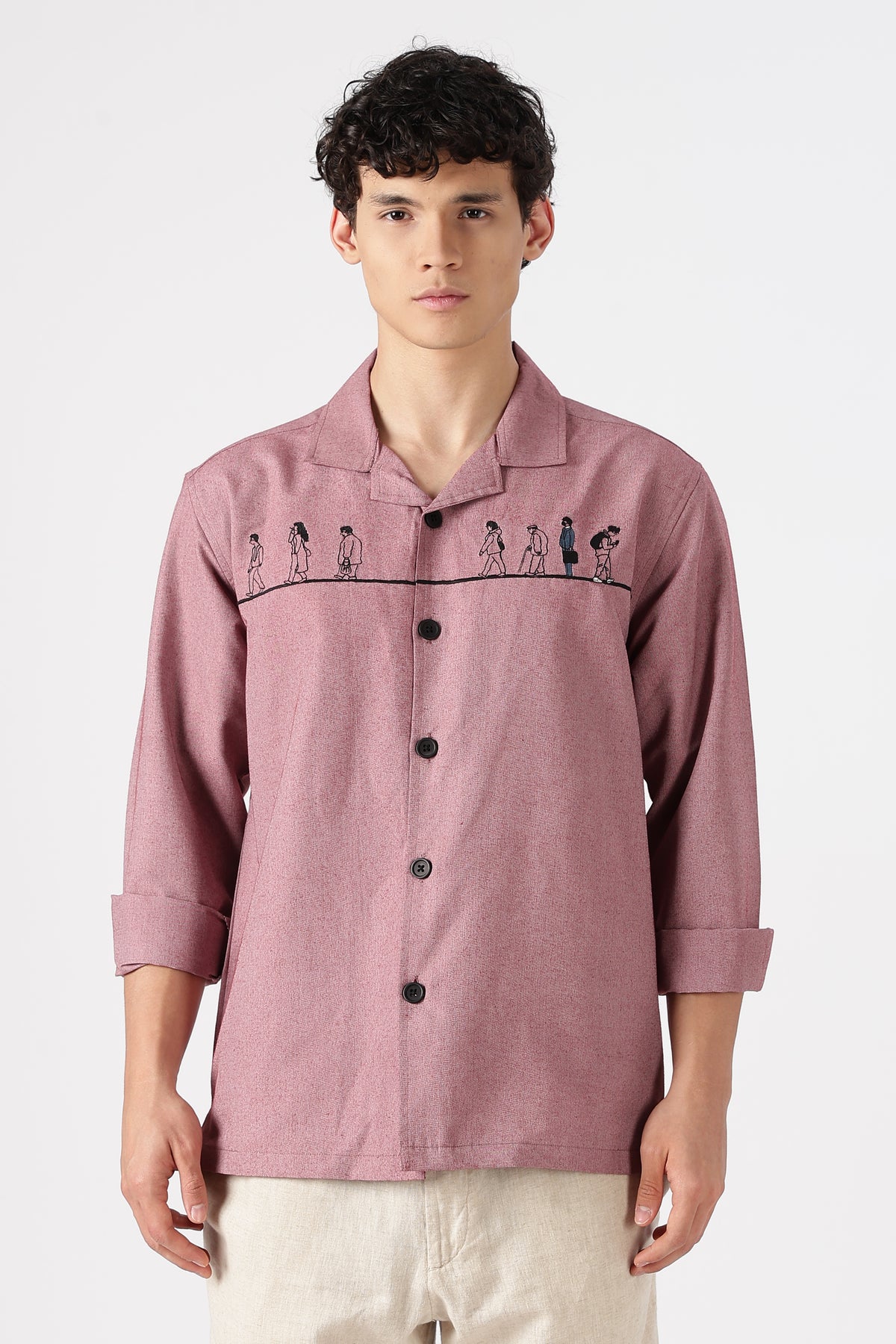 The Wanderer Travellers Cotton Box Fit Pink Embroidered Shirt