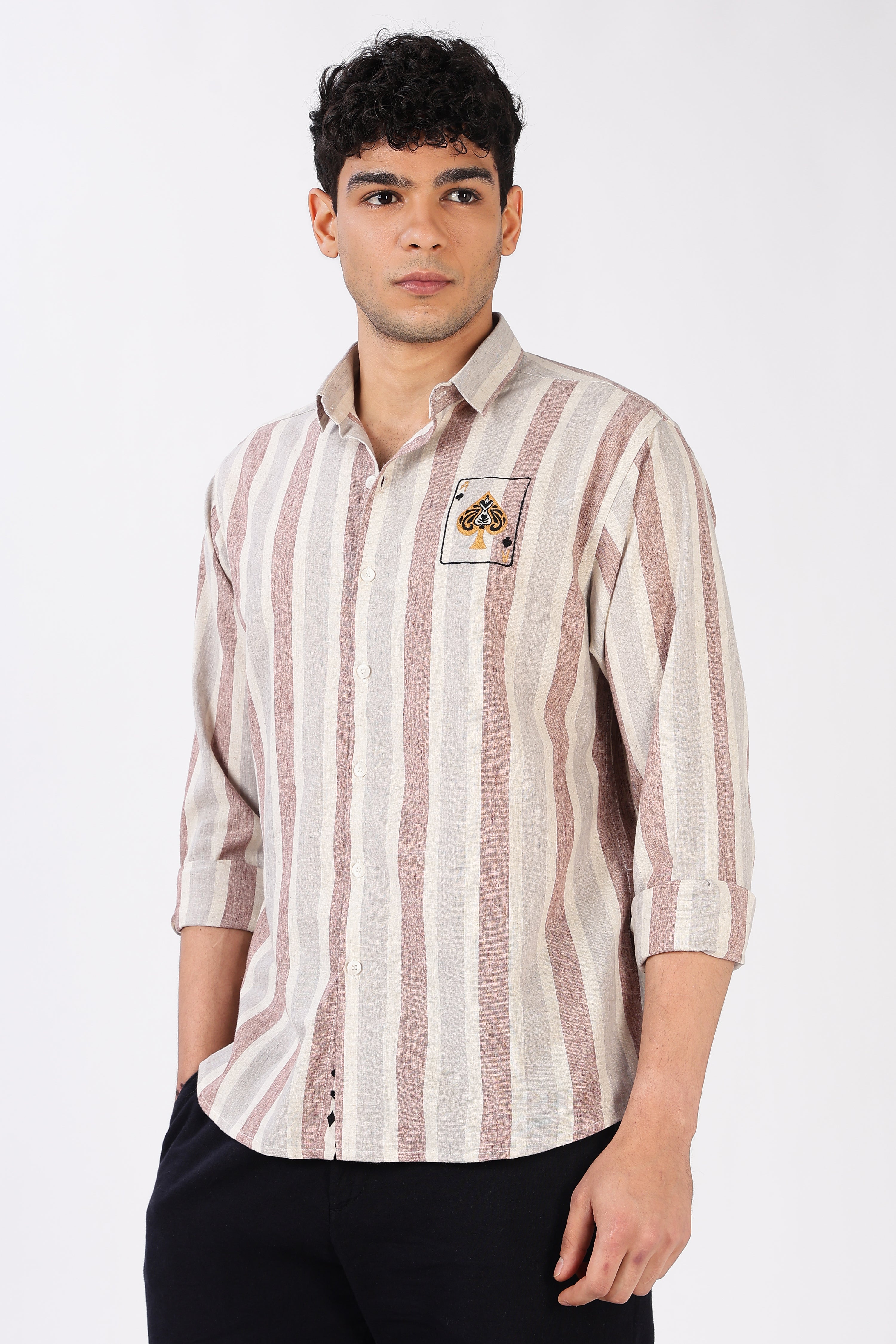 Ace of Spades Cotton Regular Fit Pink Embroidered Shirt